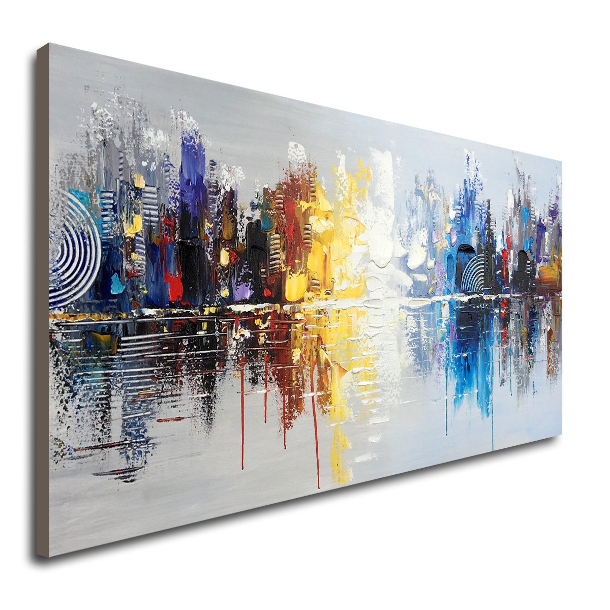 Hand Painted Modern Cityscape Oil Painting on Canvas - Abstract Reflection Wall Art Decor for Living Room - 48x24 Inch Large Contemporary Home Decor