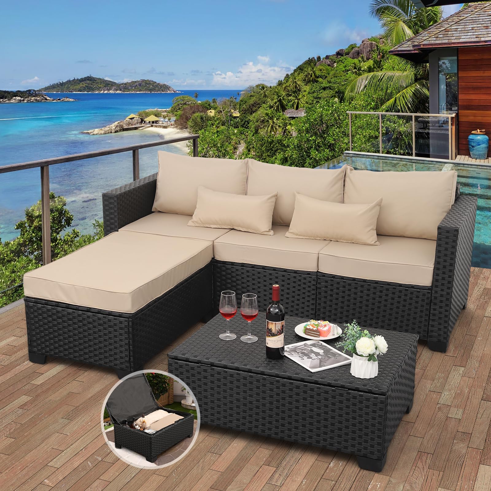 Rattan 3-Piece Outdoor Patio Furniture Set - All-Weather Wicker Sectional Sofa with Ottoman & Storage Table, Anti-Slip Cushions & Waterproof Covers, Khaki - Perfect for Backyard, Garden, Poolside or Balcony Relaxation