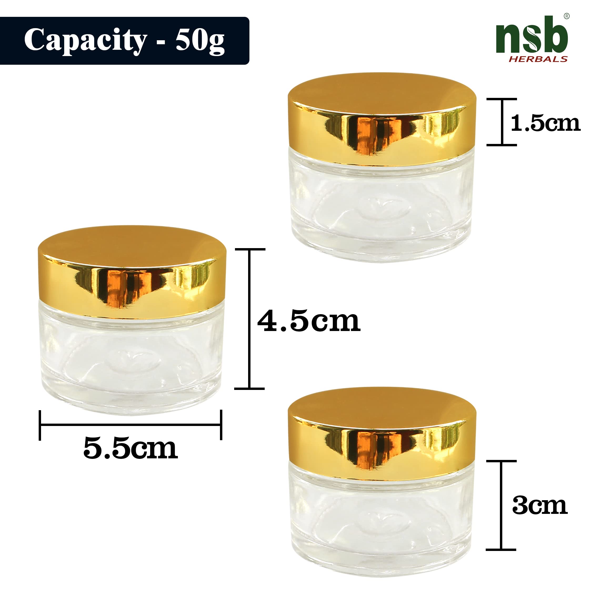 Premium 50ml Empty Round Glass Cosmetic Jars with Golden Cap & White Inner Lids - 3 Pack for Creams, Balms, Face Scrubs & Body Butter - Perfect for DIY Skincare, Travel Size Toiletries & Gift Packaging