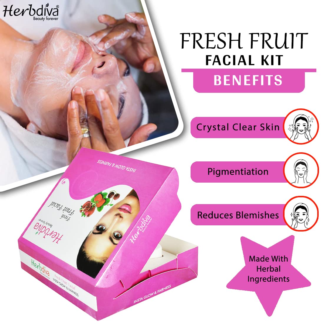 Herbdiva Fresh Fruit Facial Kit 130g with Aloe Vera & Fruit Enzymes - Insta Glow & Brightening Treatment for Radiant Skin | At-Home Spa & Self-Care Beauty Routine