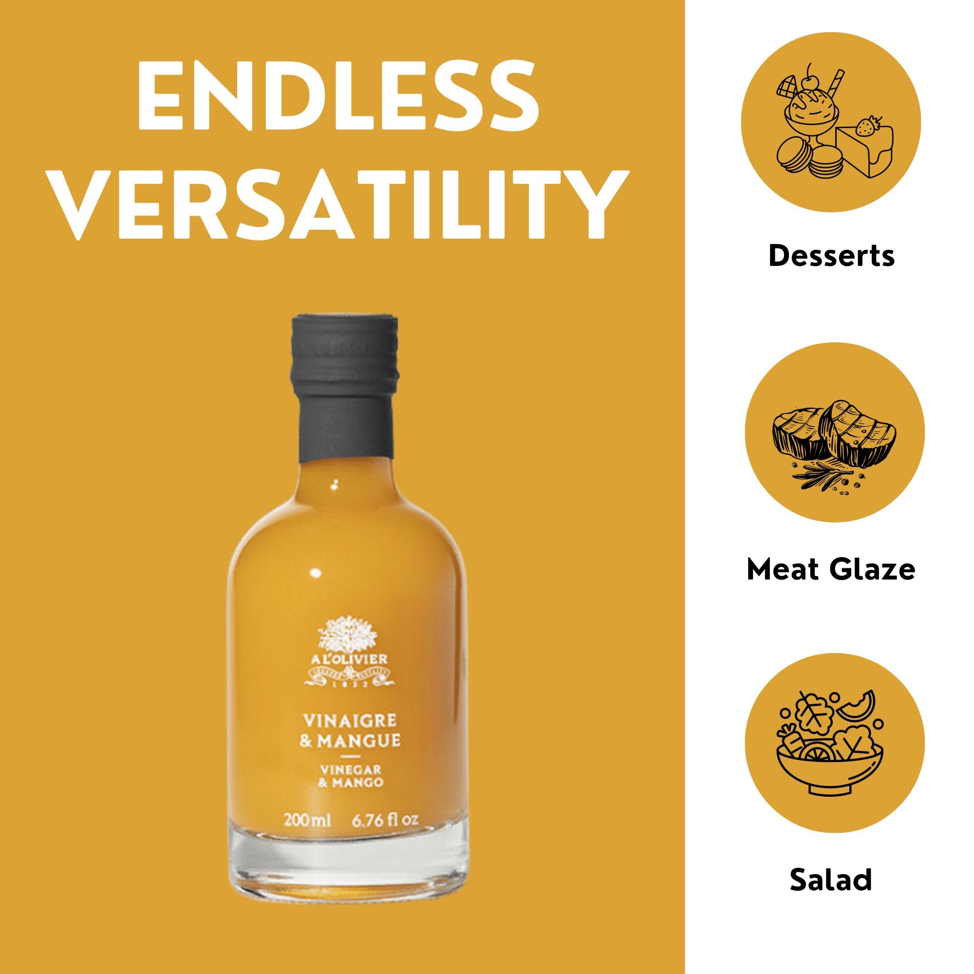 Organic A L'Olivier Mango Fruit Vinegar - 7 oz | Premium Yellow Cooking Vinegar for Salads, Marinades & Healthy Recipes