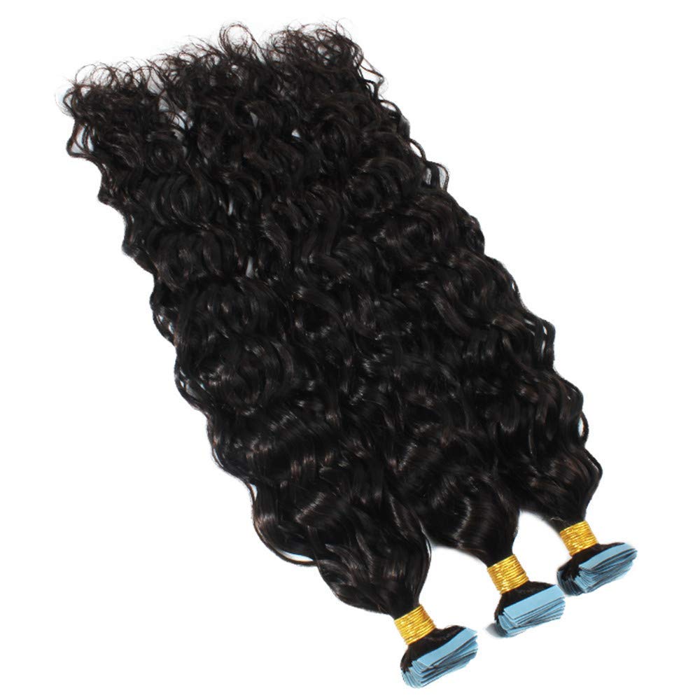 Brazilian Virgin Human Hair Extensions 100g 40pcs - Water Wave Tape-in Skin Weft with Curly Adhesive for Natural Look (26inch, Jet Black #1) | Perfect for Parties, Weddings & Daily Styling