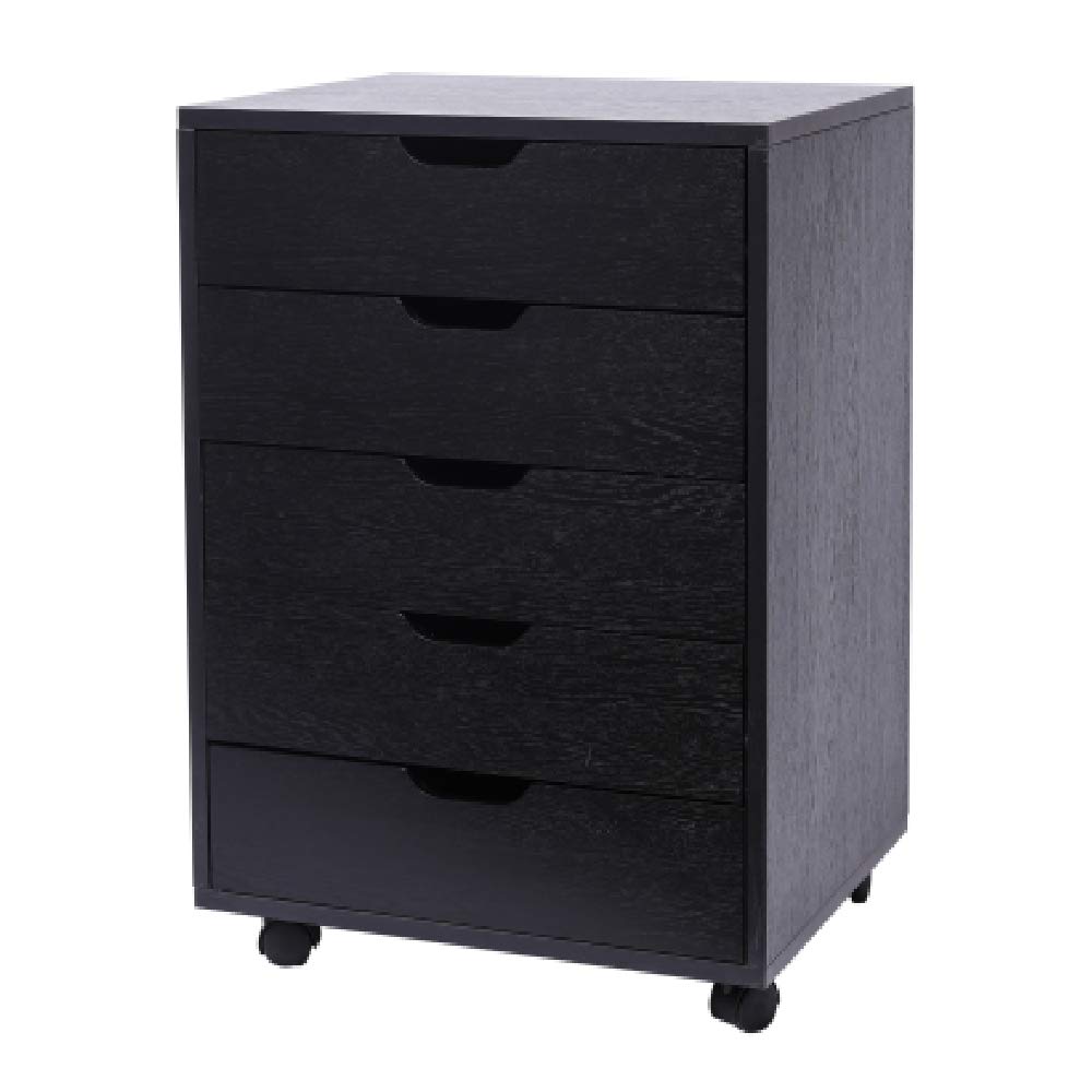 5-Drawer Mobile Wooden Filing Cabinet with Wheels - Vertical Storage Organizer for Home & Office - Black - Perfect for Documents, Files, and Office Supplies Storage