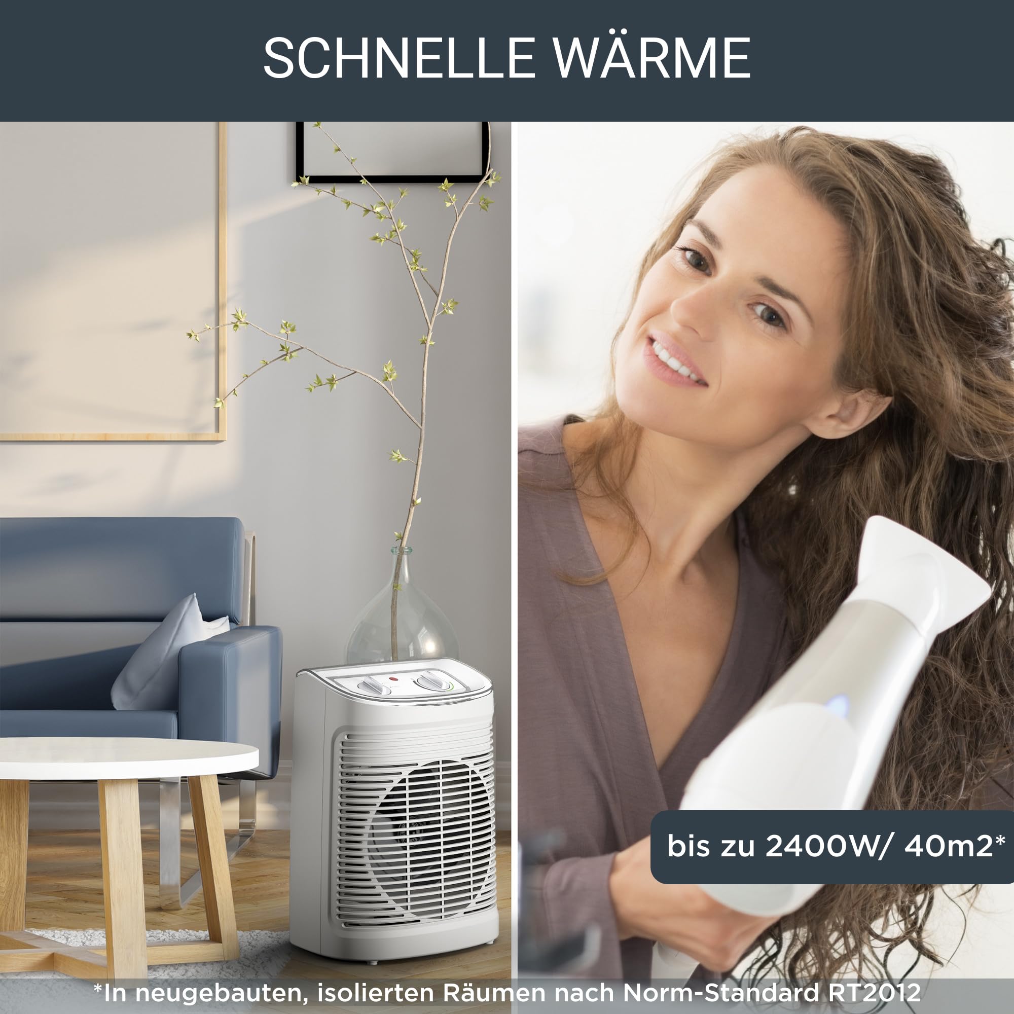 Rowenta Instant Comfort Fan Heater - Fast Heating Portable Space Heater with Adjustable Thermostat & Safety Features for Home, Office, and Bedroom Use