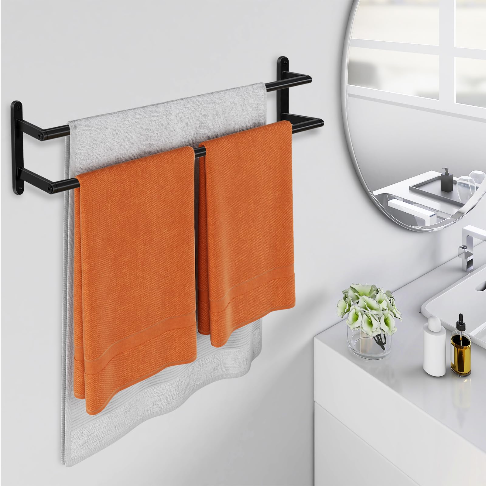 24 Inch Stainless Steel Double Towel Bar - Matte Black Wall Mounted Bathroom Towel Rack & Kitchen Towel Holder | Durable Towel Rod for Bath, Spa, and Home Organization