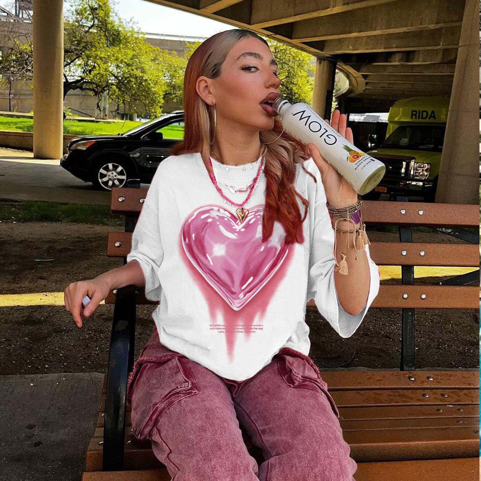 KIEKIECOO Women's Oversized Graphic T-Shirts - Cute Casual Cotton Tees for Teens & Girls - Heart Print Loose Fit Shirt - Perfect for Streetwear, Daily Outfits & Summer Fashion