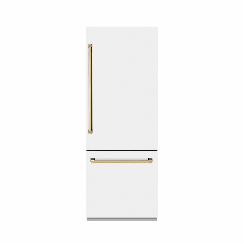 ZLINE Autograph Edition 30 Inch Built-In Bottom Freezer Refrigerator - 16.1 cu ft Capacity, Water Dispenser & Ice Maker - White Matte Exterior with Graphite Gray Interior & Polished Gold Accents (GRBIVZ WM 30 G) - Perfect for Modern Kitchens, Open Concept Homes & Luxury Appliances Collection