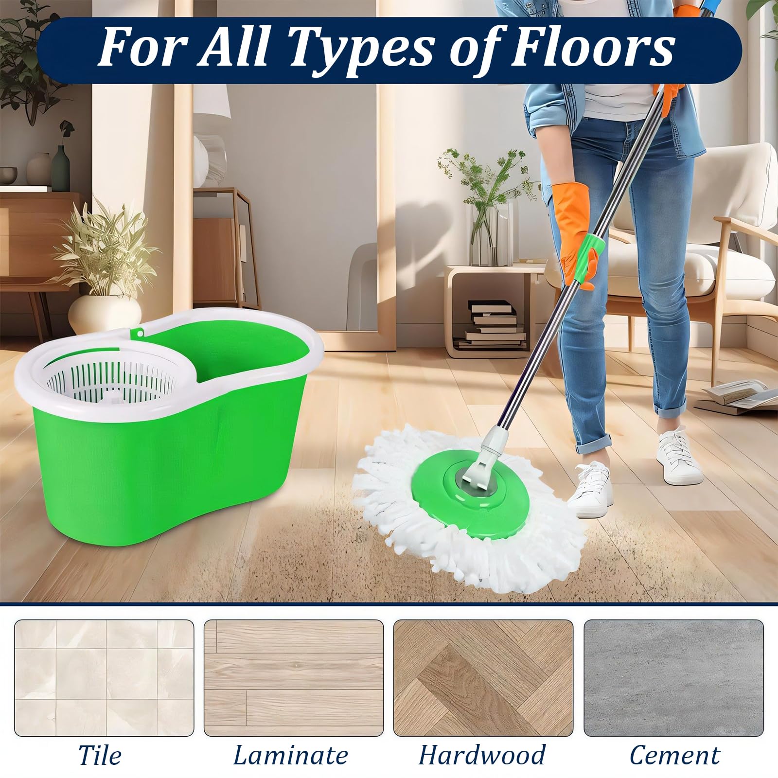 360° Spin Mop and Bucket Set with Wringer - Stainless Steel Adjustable Handle for Floor Cleaning - Perfect for Hardwood, Tile & Laminate Floors - Green