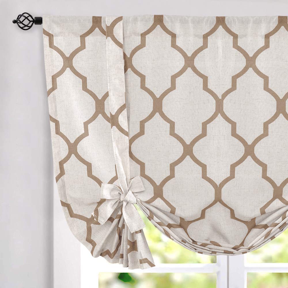 Jinchan Moroccan Printed Window Curtains - 45 Inch Tie-Up Shade Drapes with Rod Pocket, Medallion Flax Design in Taupe/Beige for Living Room, Bedroom & Small Windows | Light Filtering & Privacy