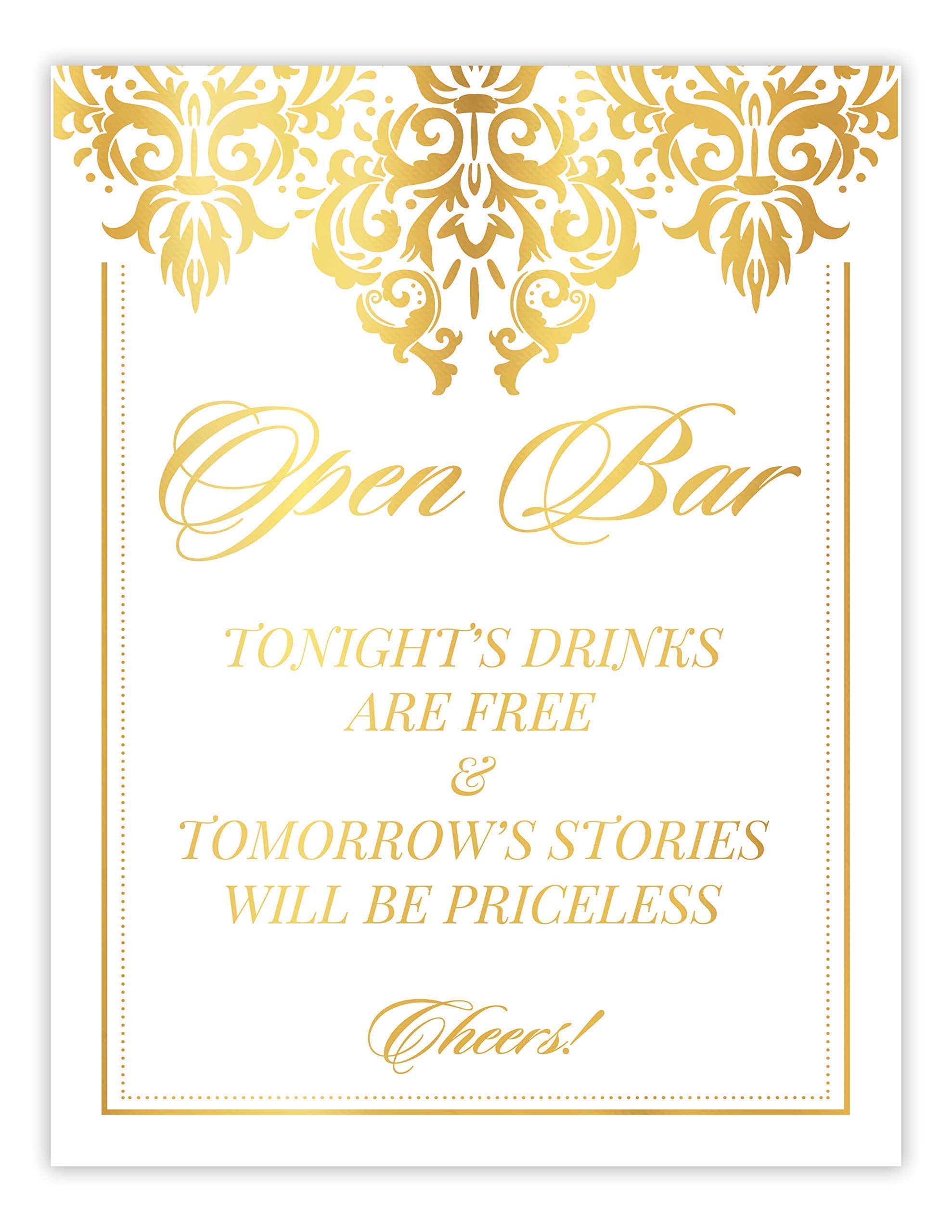 Elegant Damask Open Bar Wedding Sign - Gold Foil Printed Reception Decor, Funny Party Signage, Ready to Frame in Multiple Sizes & Foil Colors - Perfect for Weddings, Bridal Showers & Anniversary Celebrations (Unframed Cardstock Poster)