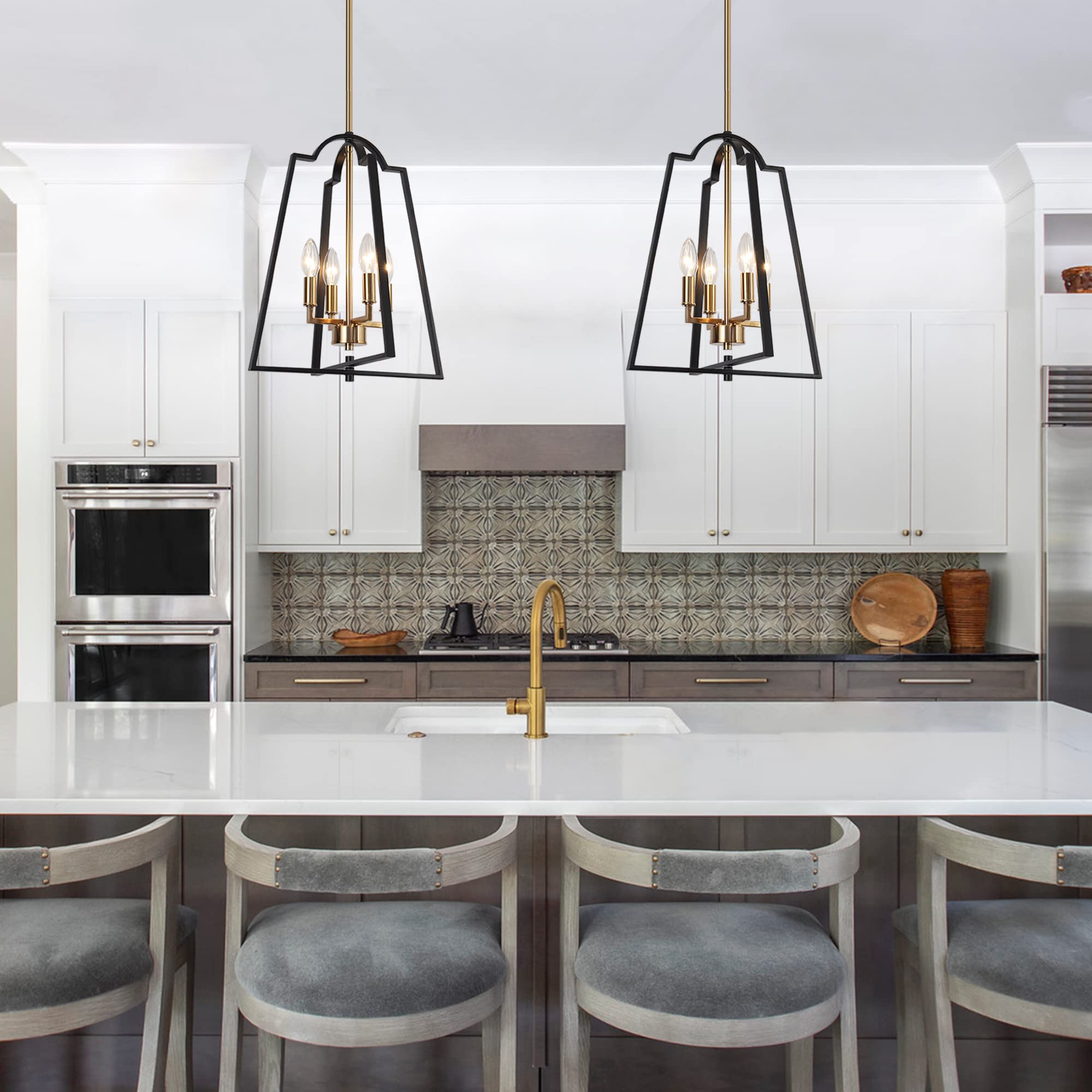 ZEVNI Black Gold 4-Light Chandelier - Modern Lantern Cage Pendant Light Fixture for Kitchen Island, Dining Room, Living Room, Bedroom, Foyer & Entryway | Elegant Lighting for Home Decor & Interior Design