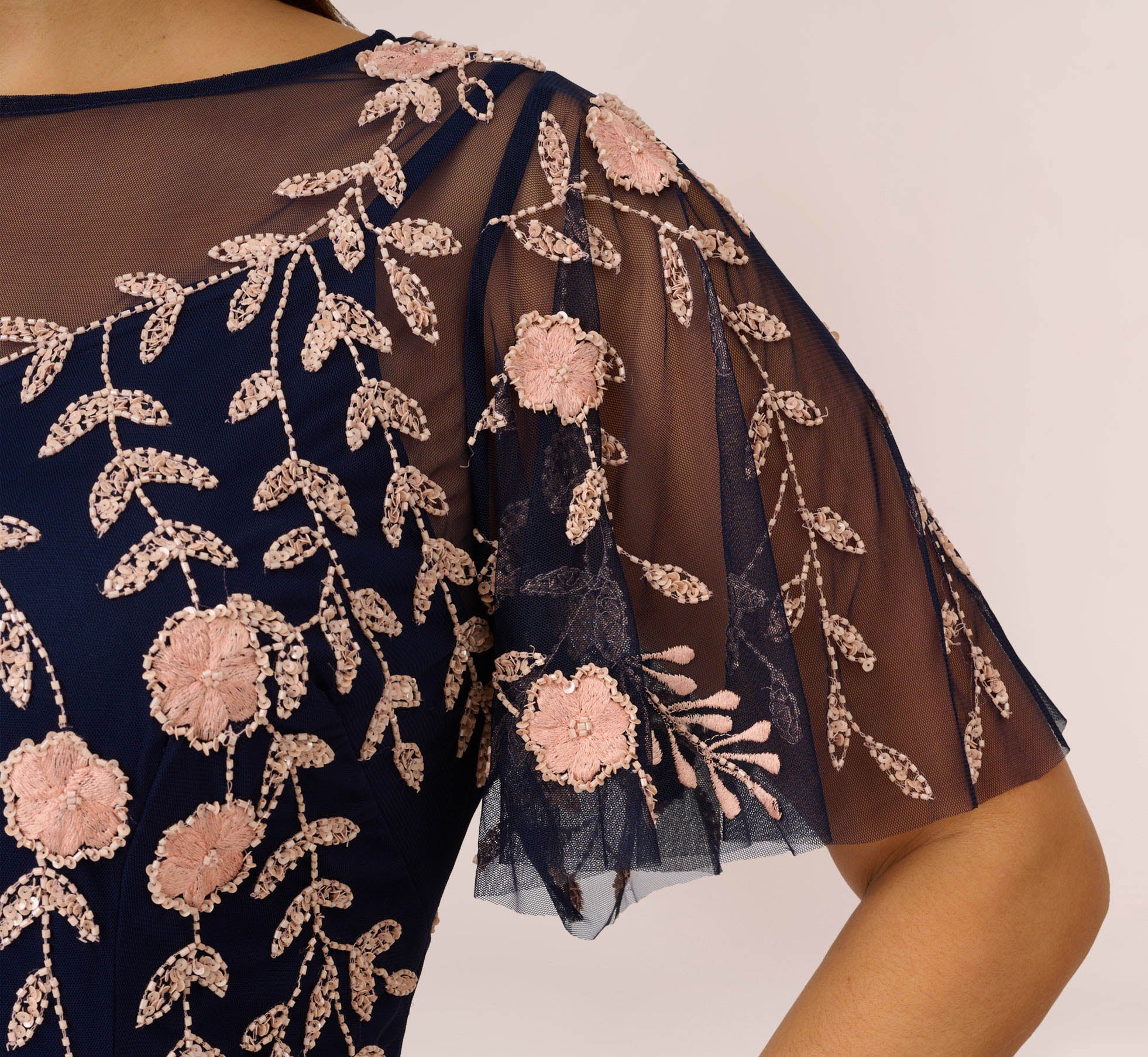 Plus Size Floral Beaded Maxi Dress with Sheer Flutter Sleeves - Navy & Blush Elegant Wedding Guest Dress for Women | Perfect for Cocktail Parties, Bridal Showers & Summer Events
