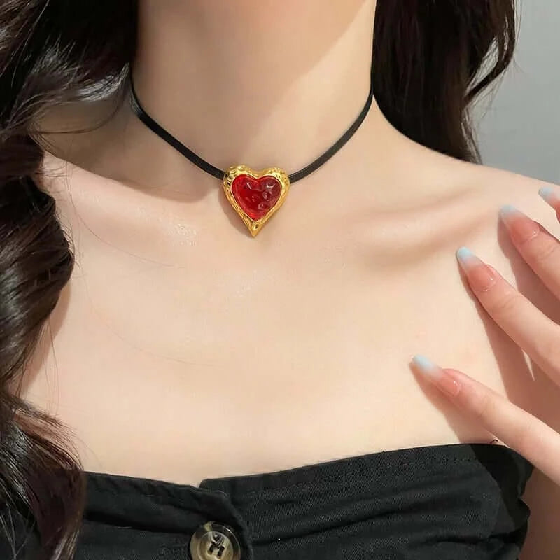 Vintage Red Heart Pendant Suede Choker Necklace for Women | HN2523 | Valentine's Day Gift, Romantic Date Jewelry, 90s Retro Accessory