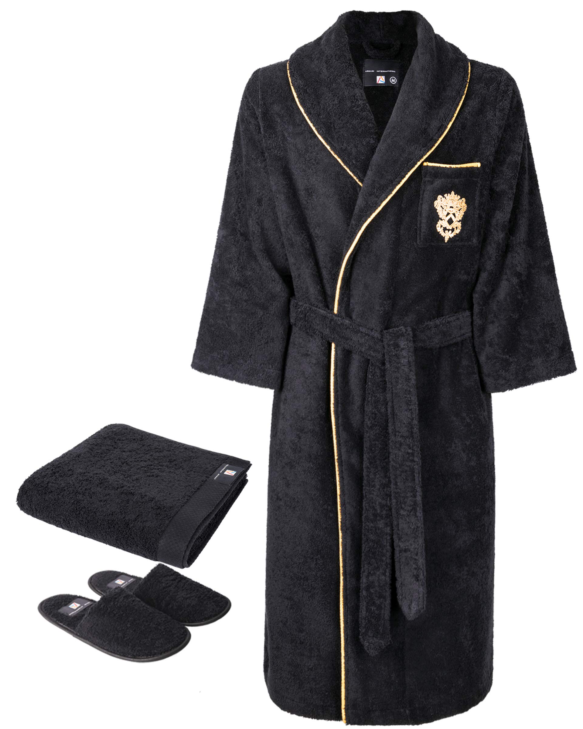 Luxury Women's Bathrobe Set with Slippers & Hand Towel - Soft Black Robe with Gold Trim - European Made - Perfect for Spa, Bridal Showers & Relaxing at Home