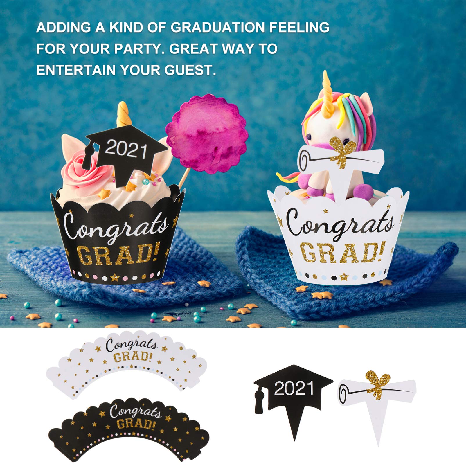 Graduation Cupcake Toppers & Baking Cups - 3 Sets of Hemoton Graduation Muffin Liners & Cake Wrappers - Perfect for Graduation Parties, School Celebrations & Dessert Displays