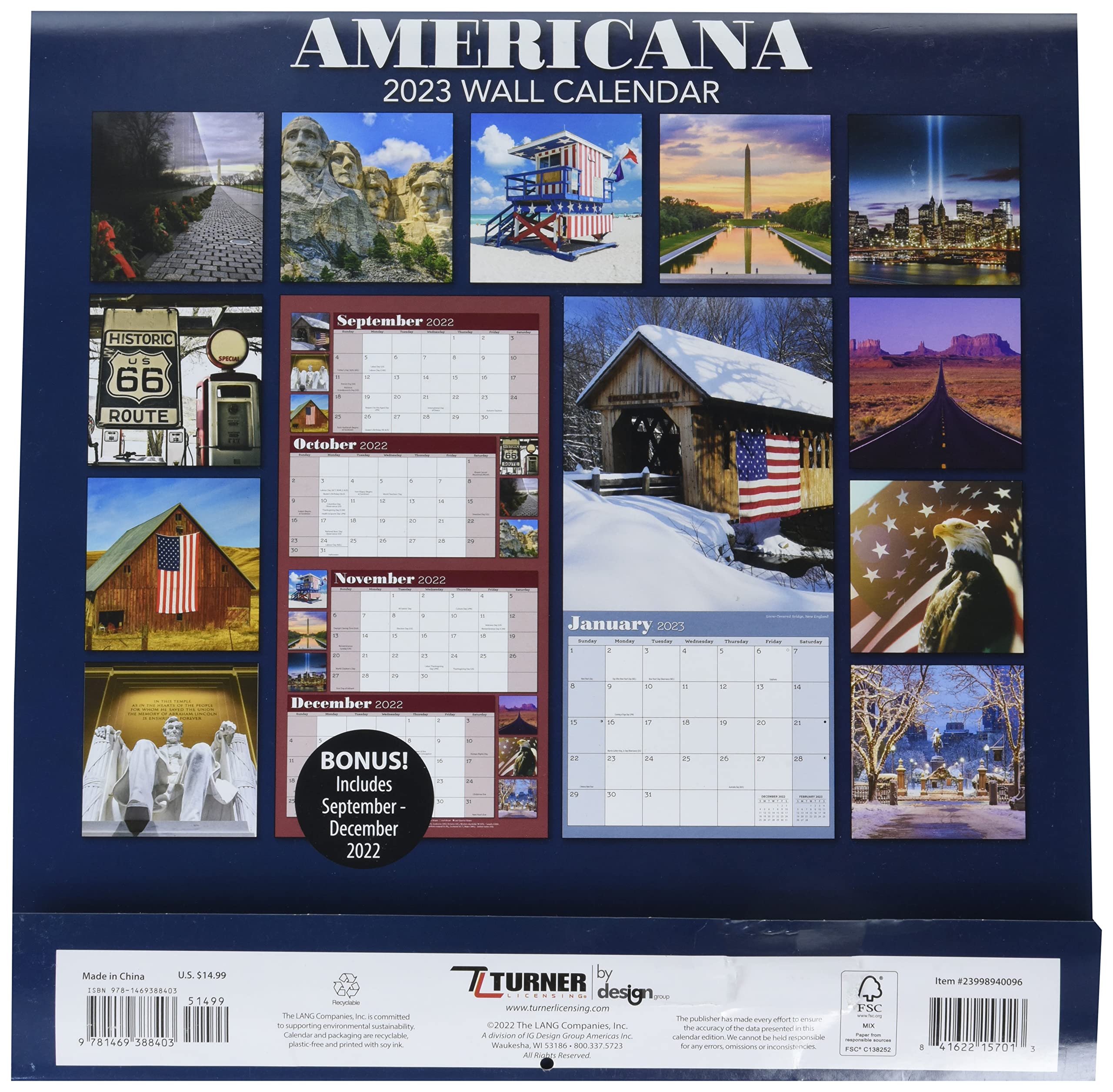 TURNER PHOTOGRAPHIC Americana 12X12 Wall Calendar 2024 - Beautiful Scenic Photo Calendar for Home & Office Decor (23998940096) | Perfect for Gifts, Planning, and Seasonal Decoration