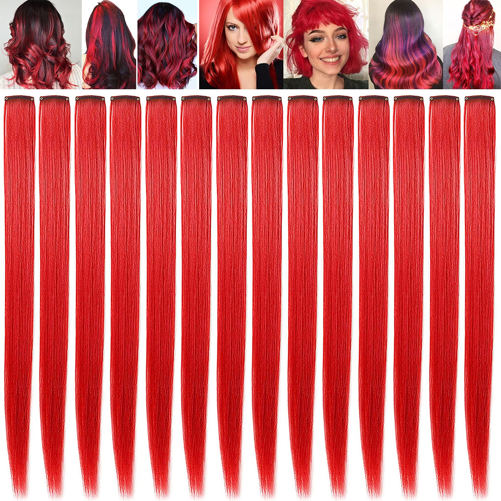 12 Pcs Red Clip-in Hair Extensions for Women - Straight Synthetic Hairpieces with Multi-Colors Highlights for Party, Cosplay & Daily Styling