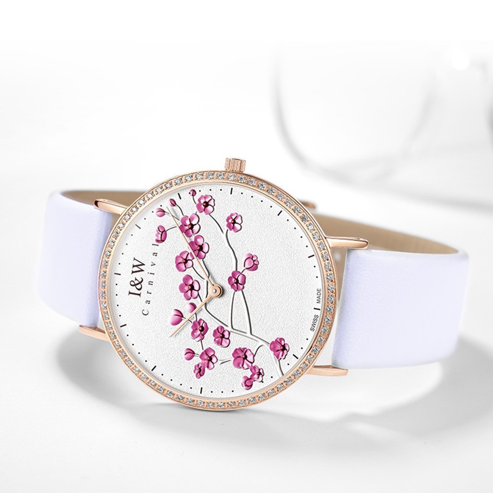MASTOP Women's Ultra Thin Quartz Watch - Luxury Leather Strap, Large White Dial with Plum Floral Pattern - Elegant Dress Watch for Office, Party & Everyday Wear