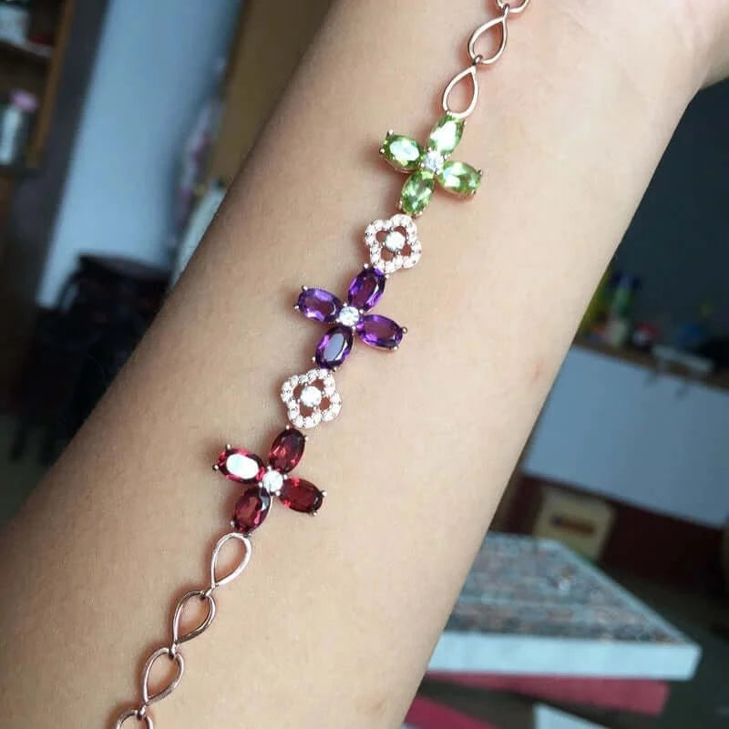 18K Platinum Garnet & Peridot Amethyst Chain Bracelet - Elegant Wisdom Jewelry Gift for Women | Perfect for Birthday, Anniversary & Special Occasions | FME B074
