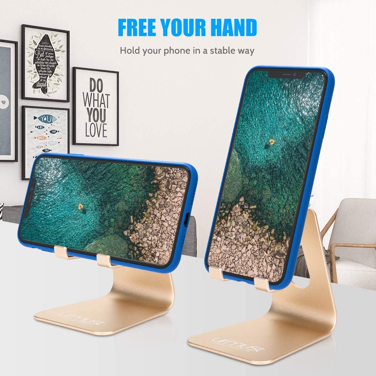 Urmust Adjustable Gold Phone Stand - Universal Smartphone Holder for Desk, Table, Bed & Car Use - Perfect for Watching Videos, Video Calls & Hands-Free Viewing