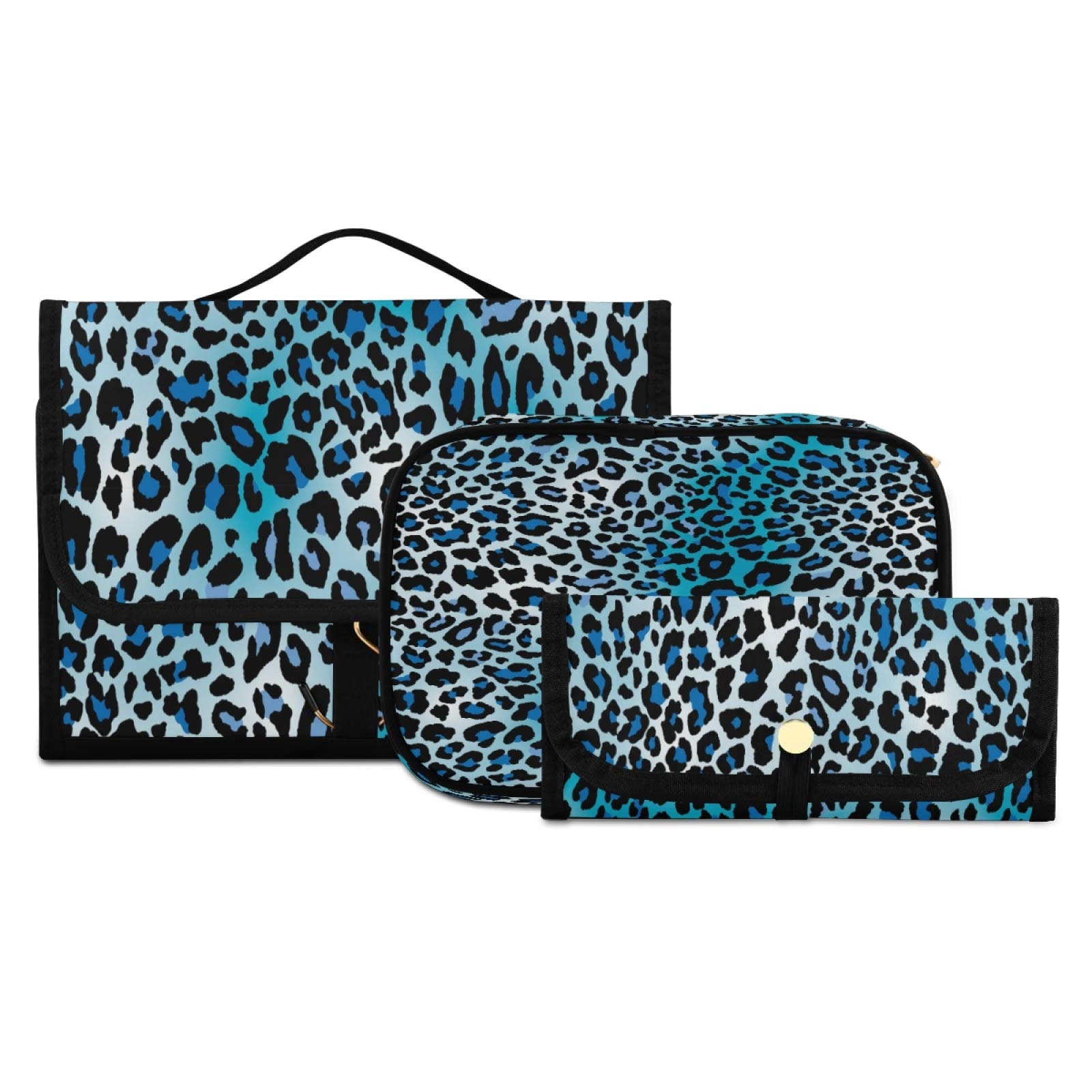 WELLDAY Leopard Blue Travel Toiletry Bag Set - Waterproof Hanging Cosmetic Organizer with Makeup Brush Cases (3PCS) - Perfect for Women's Travel, Gym & Daily Organization