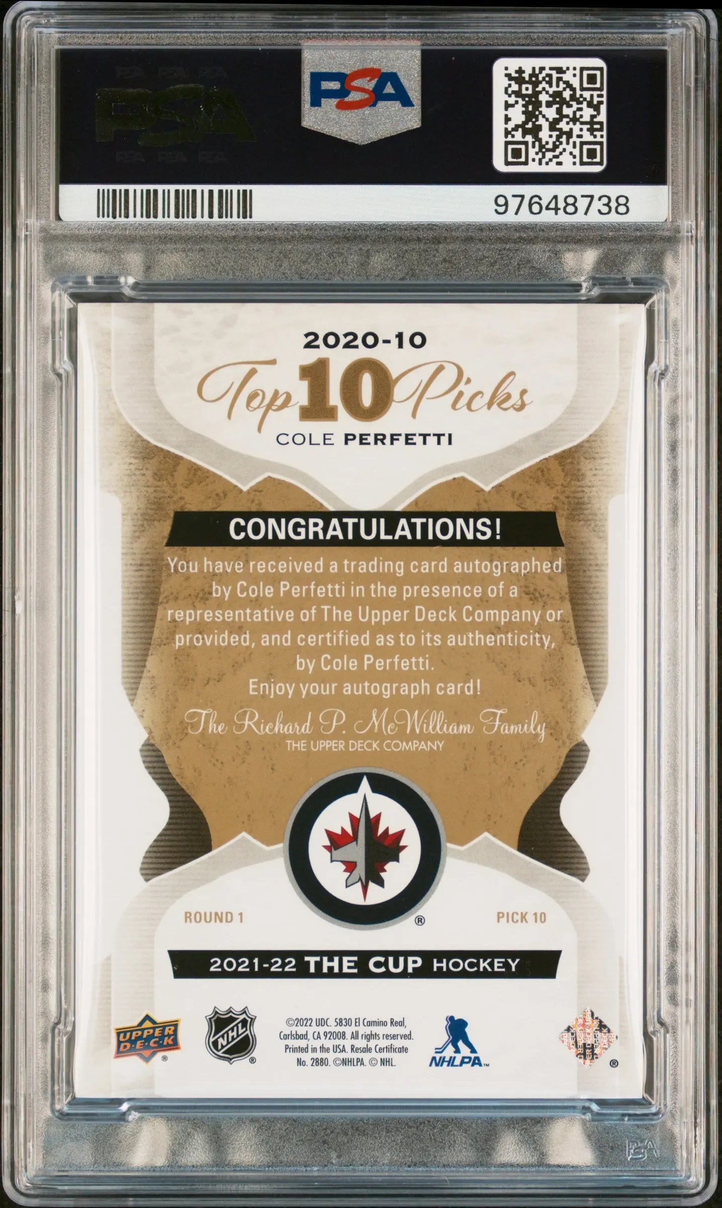 2021 UD The Cup Top Ten Picks Cole Perfetti Auto PSA 8 02/10 #2020 - Rare Hockey Trading Card for Collectors & Sports Memorabilia Fans - Perfect for Display, Investment & Gifting