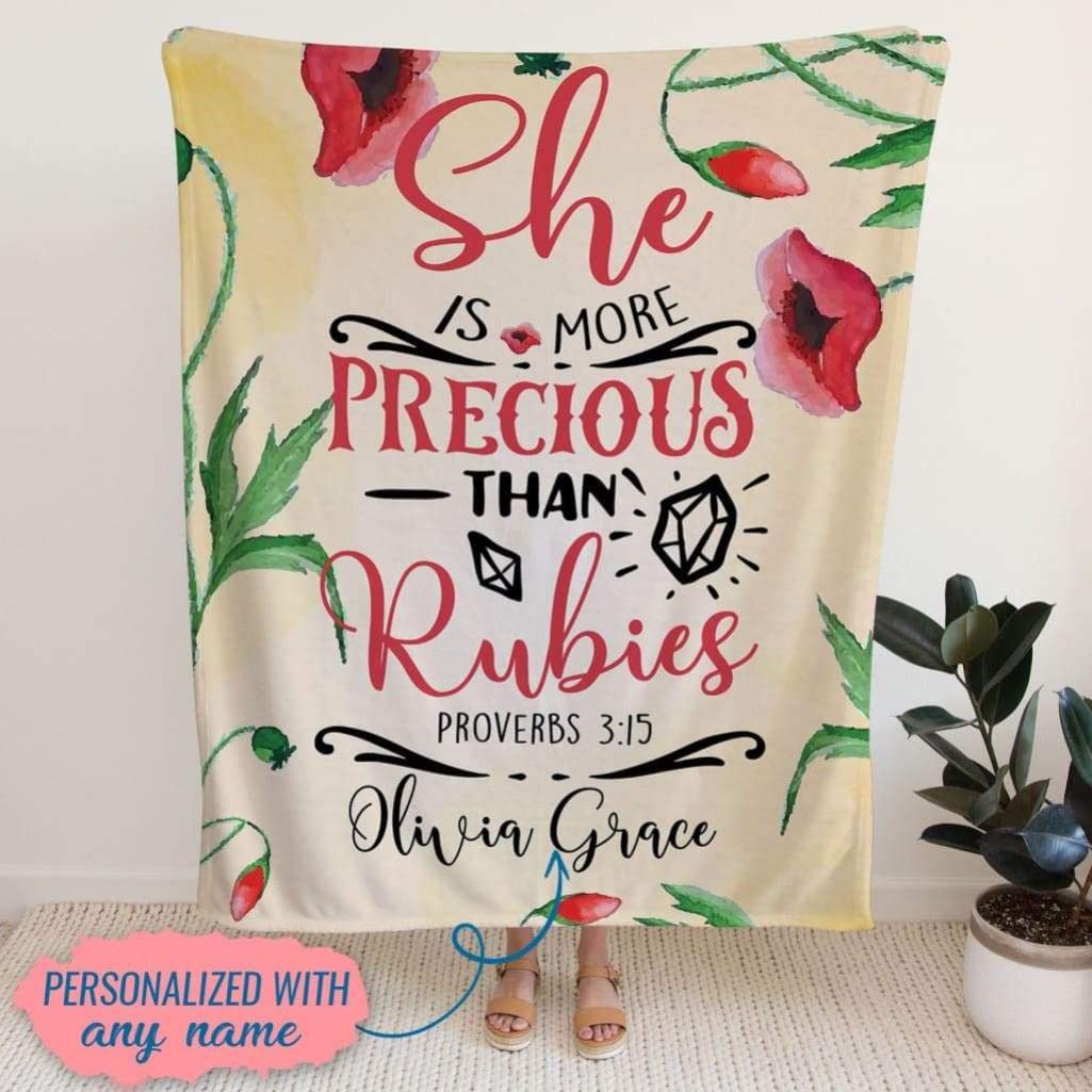 Personalized Christian Prayer Blanket with Proverbs 3:15 Bible Verse - She Is More Precious Than Rubies - Custom Name Religious Blanket for Women, Jesus & Lion Design - Perfect for Church, Bible Study & Spiritual Comfort