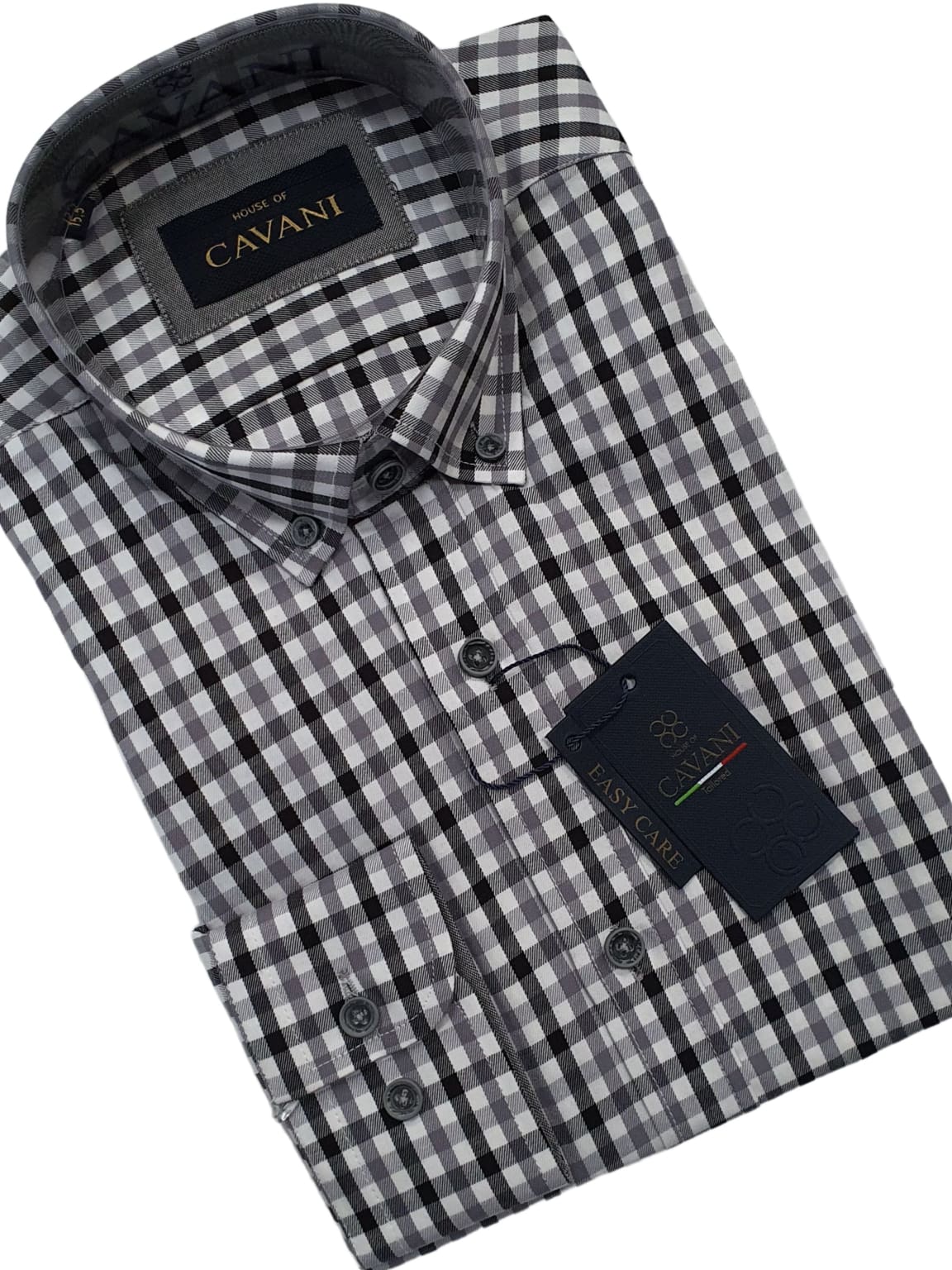 Cavani Men's Grey Gingham Button Down Collar Shirt - Slim Fit Casual Dress Shirt for Office, Business & Formal Events
