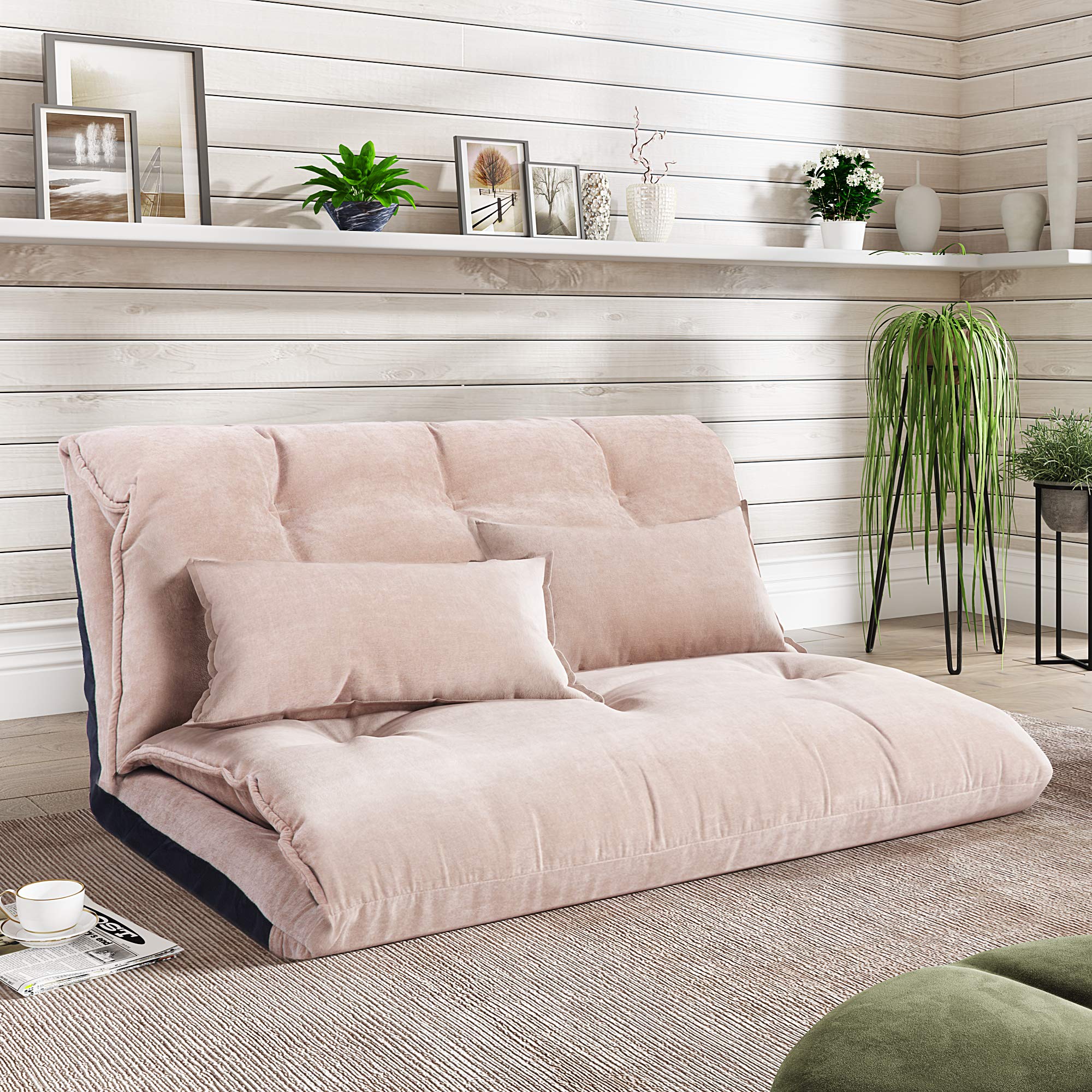 P PURLOVE Adjustable Floor Sofa Bed with 2 Pillows - 5 Position Reclining Folding Futon Couch for Living Room, Bedroom, Balcony - Perfect for Reading, Gaming, Lounging & Small Space Living (Beige)