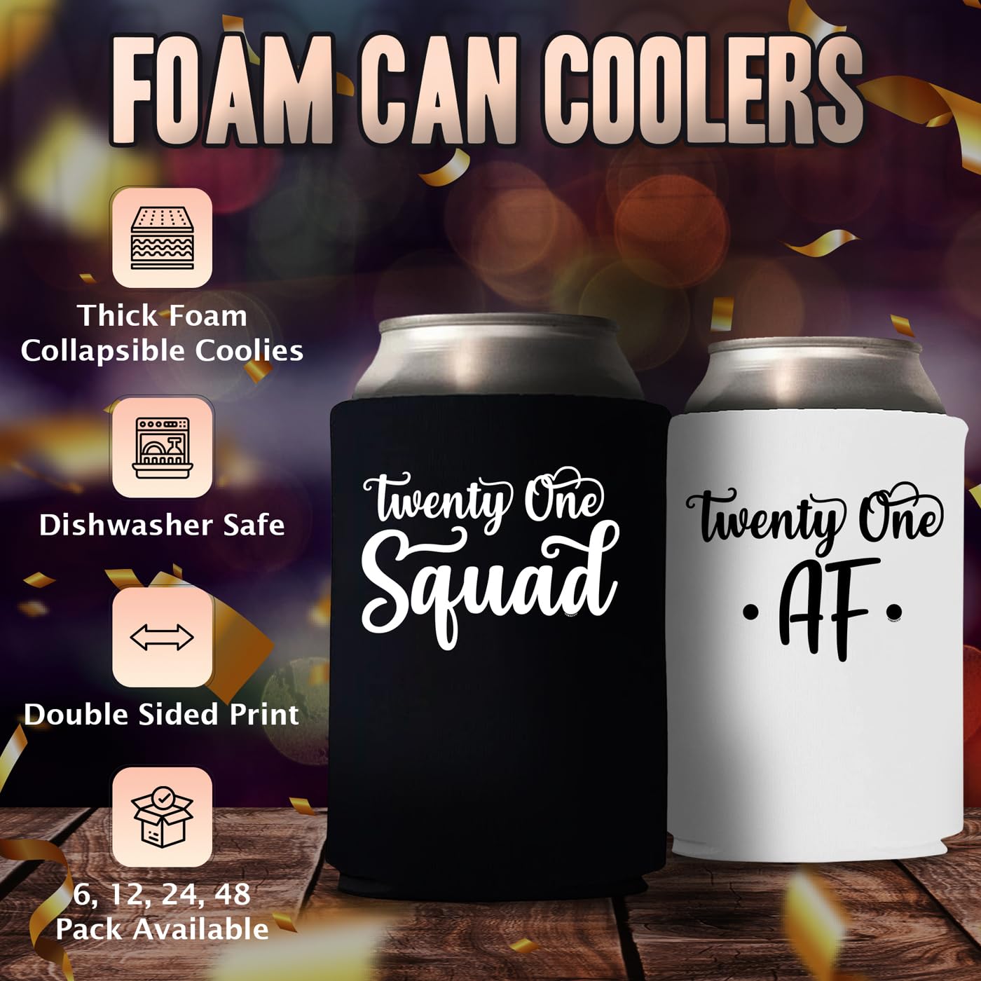 21st Birthday Party Supplies - 21 AF Can Cooler Holder, Black Koozies for Beer & Iced Coffee, 21st Birthday Decorations & Wedding Favors - Perfect for Birthday Squad Celebrations, Bachelorette Parties & Outdoor Events