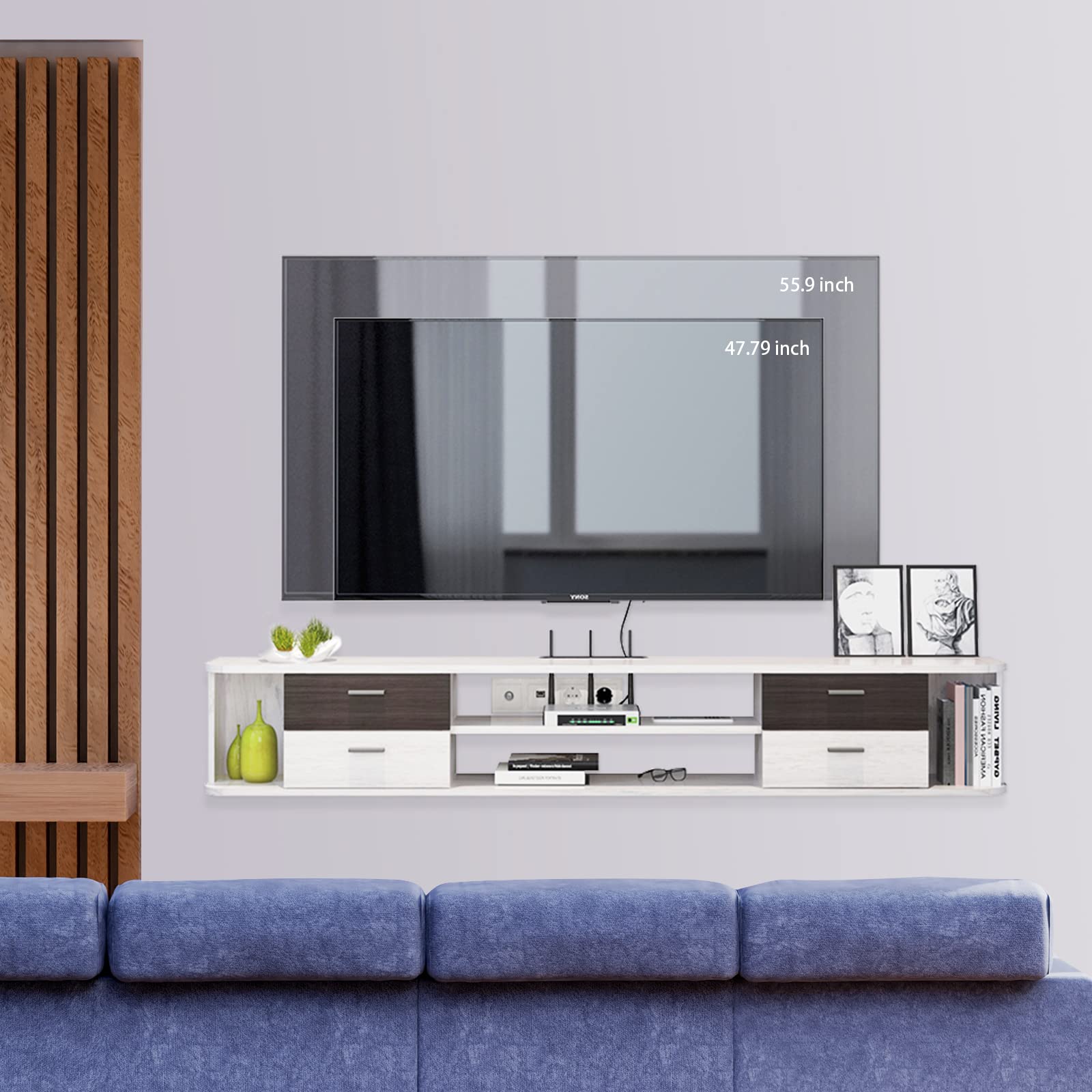 Pmnianhua 66'' Floating TV Stand with 4 Drawers - Wall Mounted Media Console & Entertainment Shelf Under TV - Modern TV Cabinet with Storage for Bedroom & Living Room (Greyish-White) - Perfect for Small Spaces & Home Theater Setup