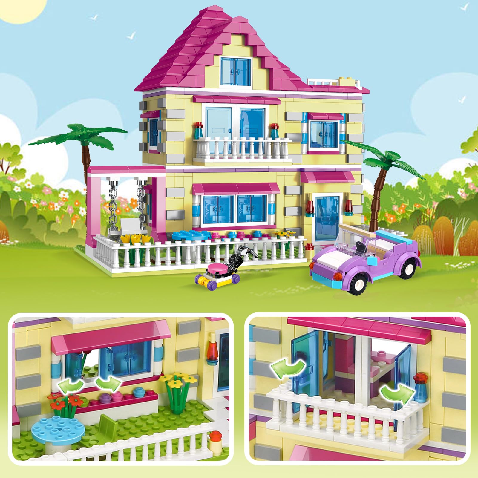 **BRICK STORY Girls Friends House Building Kit - 892 PCS Big Villa Building Blocks, City Family Beach House Model Toy Set with 4 Mini Figures & Car - Creative Play for Kids Ages 6+ | Perfect for Indoor Play, Birthday Gifts & STEM Learning**