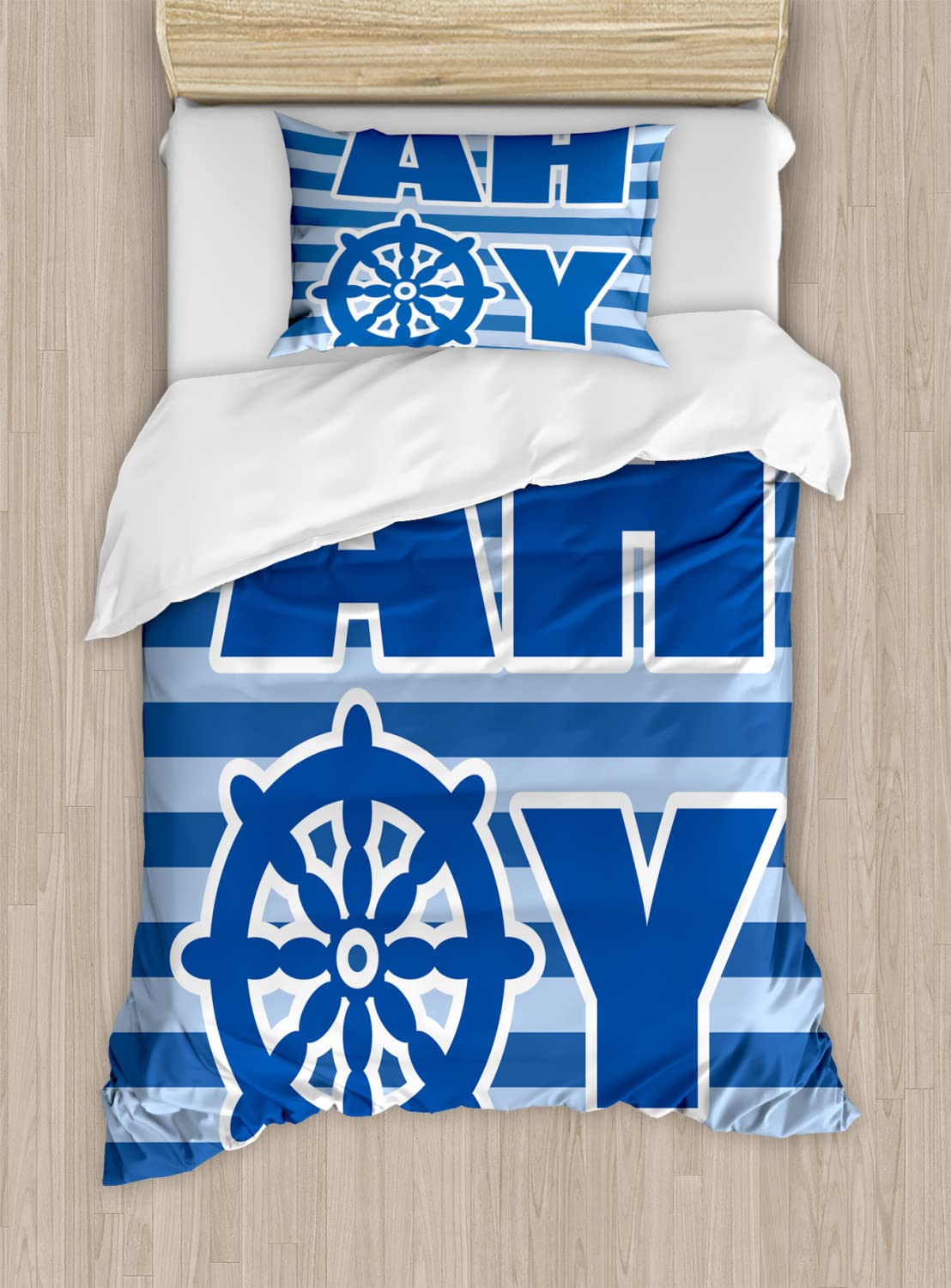 Ahoy Nautical Wheel Striped Duvet Cover Set - 2 King Size Duvet Covers & 4 Pillowcases, Pale Blue White Blue Modern Bedding | Perfect for Reveal Parties, Beach Themed Bedrooms & Coastal Home Decor