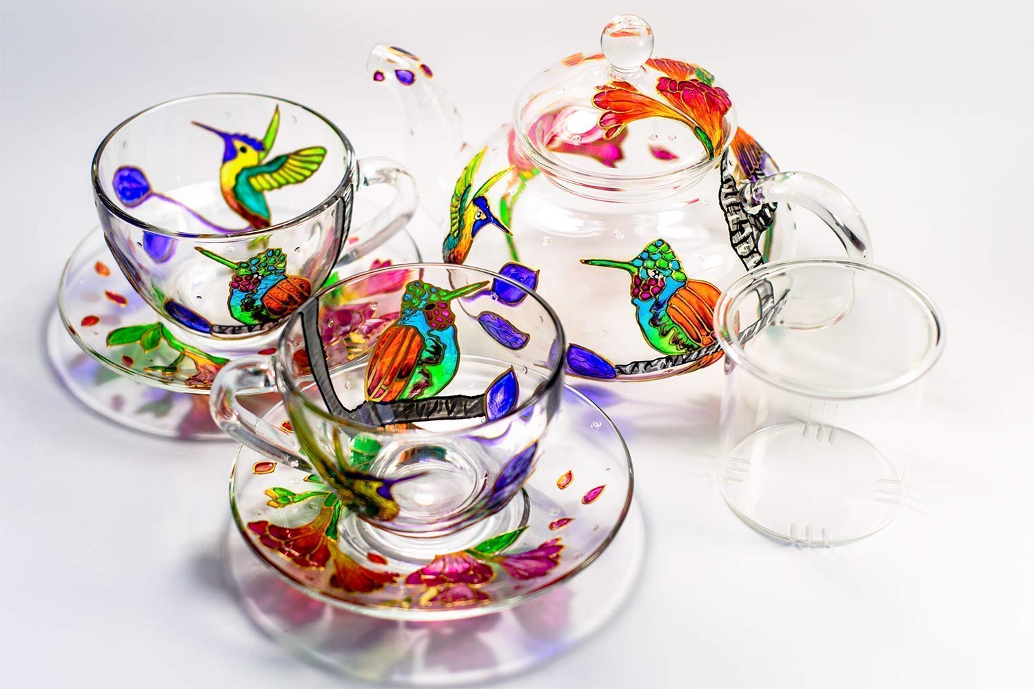Hand-Painted Hummingbird & Floral Teapot Set with 2 Cups & Saucers - Elegant Wedding Gift for Mom, Mother's Day Present - Luxury Tea Party Accessories for Bridal Showers, Afternoon Tea & Special Occasions