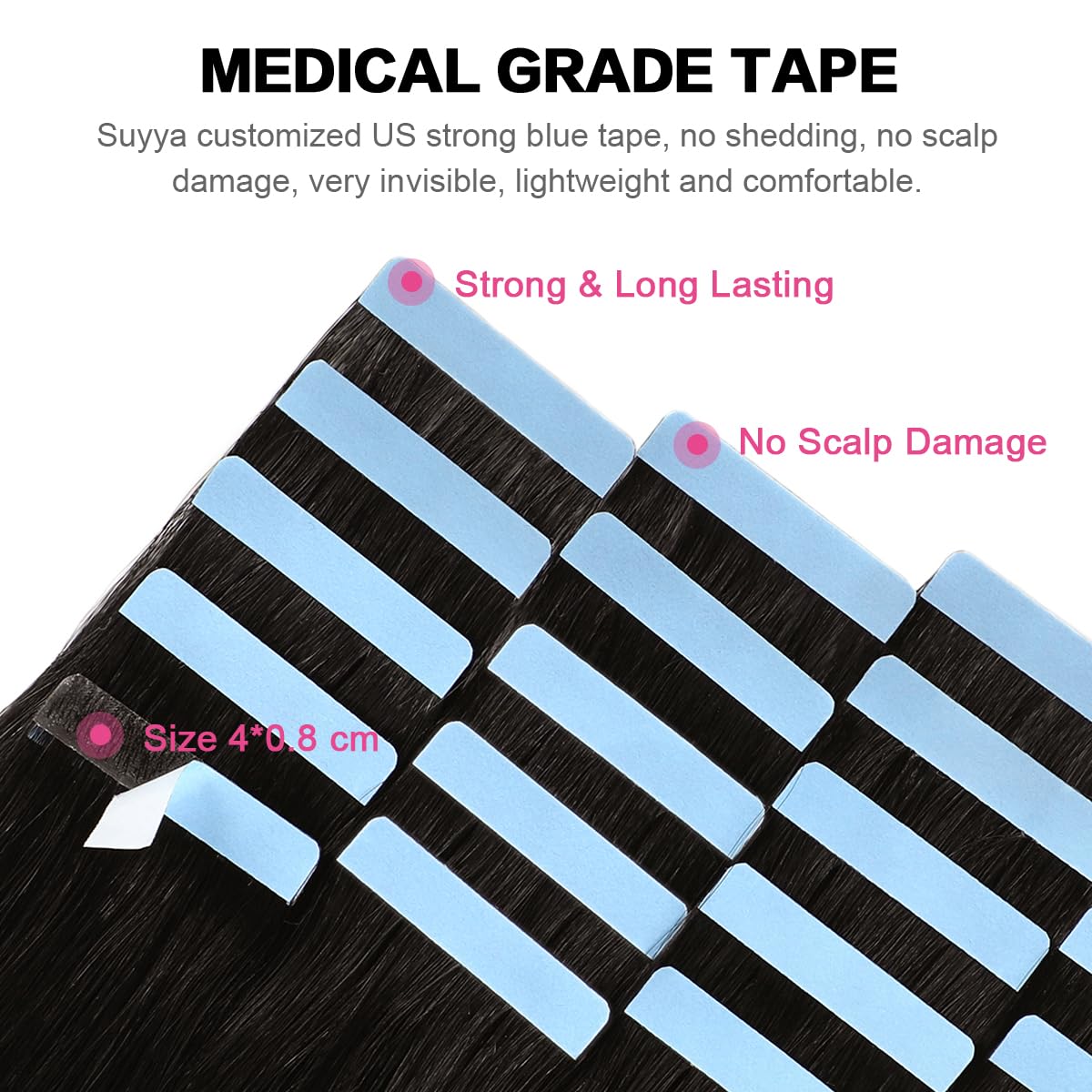 SUYYA 26 Inch Off Black Human Hair Tape in Extensions - 60g/pack 20pcs Straight Seamless Skin Weft Real Human Hair (#1B) for Daily Wear, Parties & Special Occasions