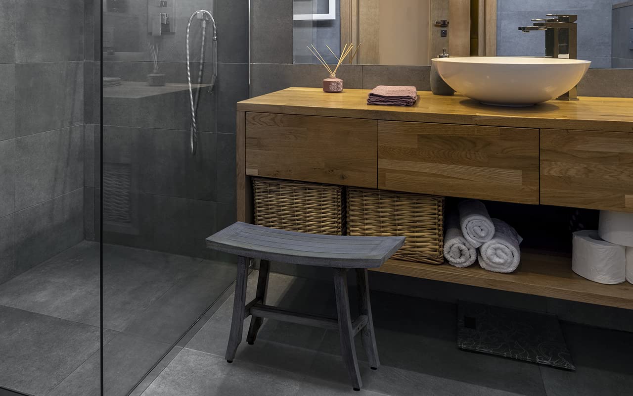 Waterproof Teak Shower Bench - 24 Inch Gray Stool for Bathroom Safety & Storage