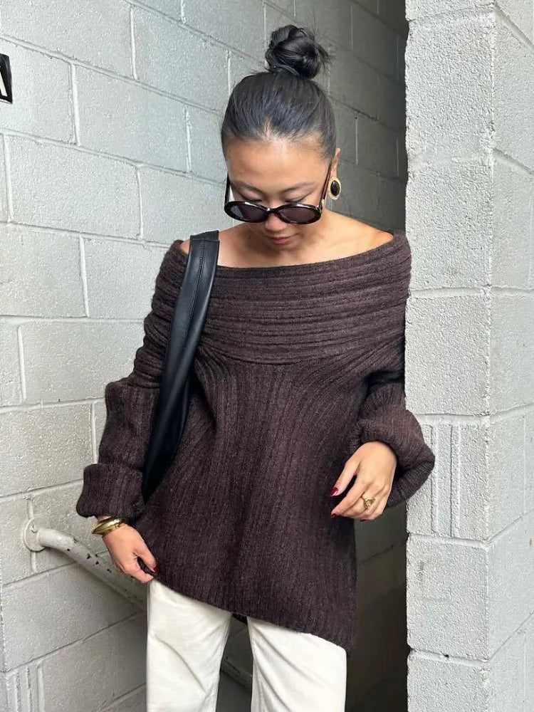 2024 Women's Oversized Autumn Sweater - Sexy Slash Neck Knit Pullover, Long Sleeve Loose Fit Casual Knitwear | Perfect for Fall Layering, Coffee Dates & Cozy Evenings