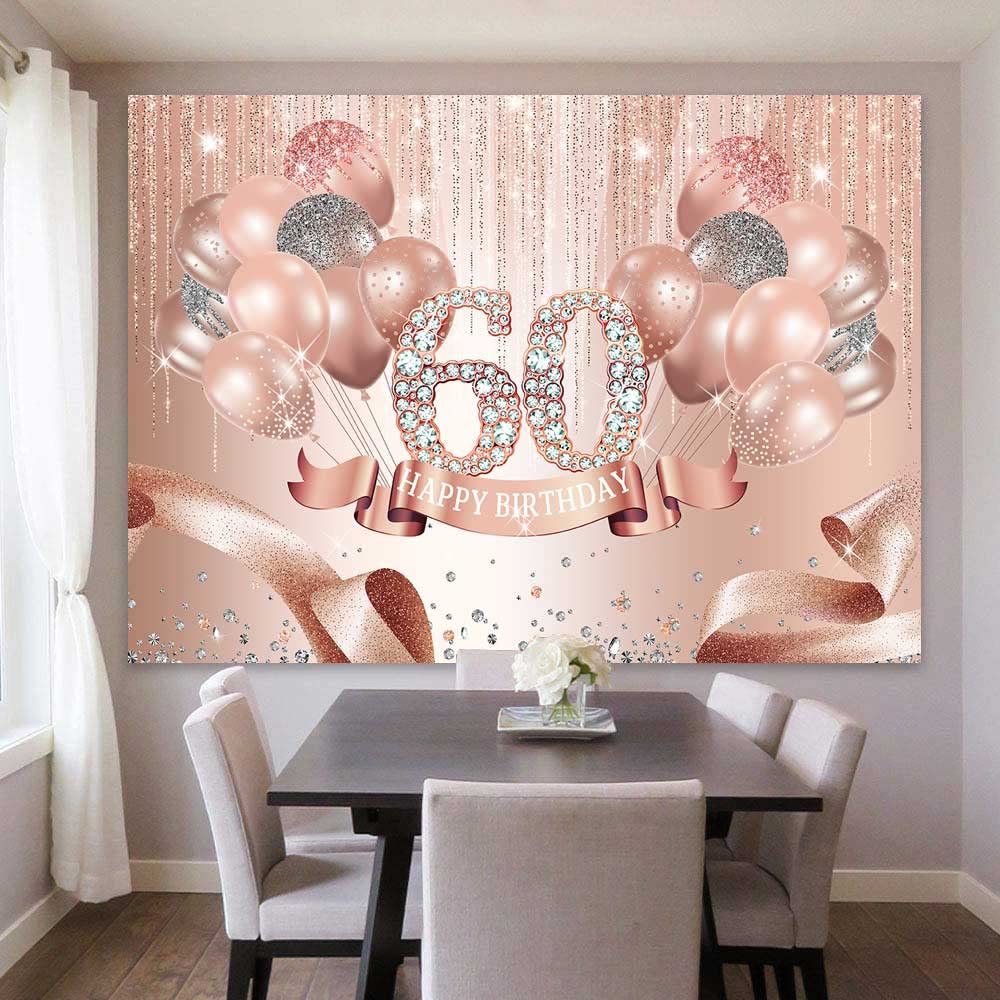 Rose Gold 60th Birthday Backdrop Decorations for Women - Pink Glitter Ribbon Balloons & Dots Photography Background - Shining Diamond Party Banner - 10x8ft Photo Studio Props - Perfect for Milestone Celebrations, Birthday Parties & Photo Shoots