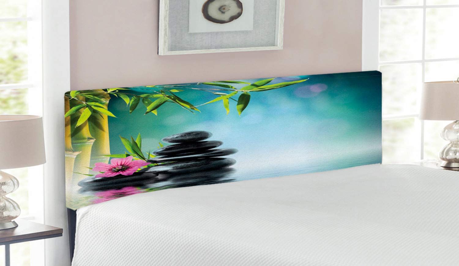 Ambesonne Spa Headboard - Queen Size Upholstered Decorative Metal Bed Headboard with Memory Foam | Tower Stone & Hibiscus Bamboo Water Design in Petrol Blue & Lime Green | Perfect for Bedroom Decor, Spa Retreats & Luxury Hotel Styling