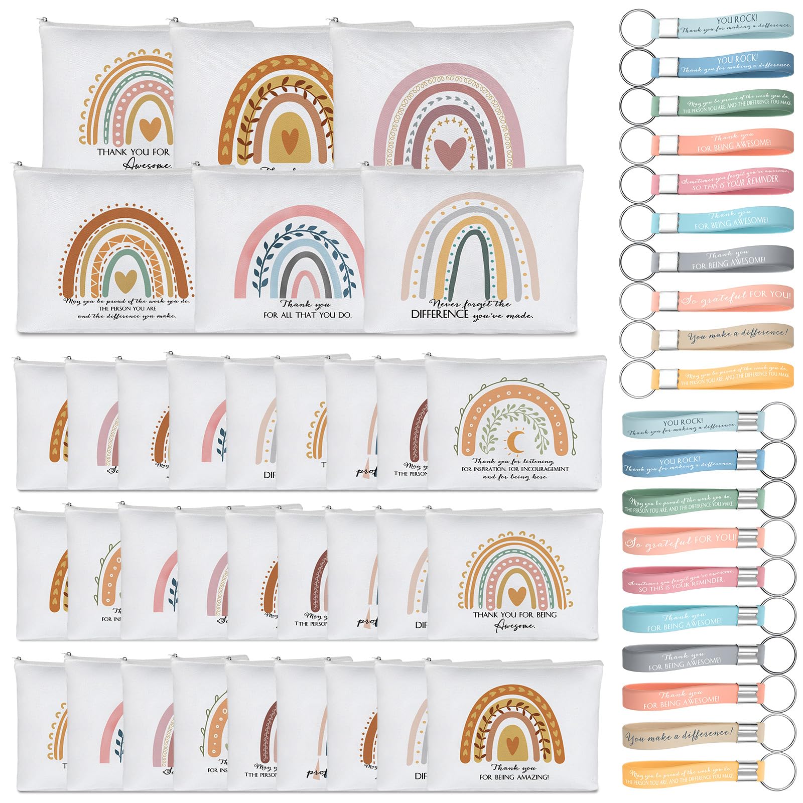 Boho Teacher Appreciation Gifts Set - 60 Pcs Makeup Bags & Keychains for Women, Classroom Thank You Gifts