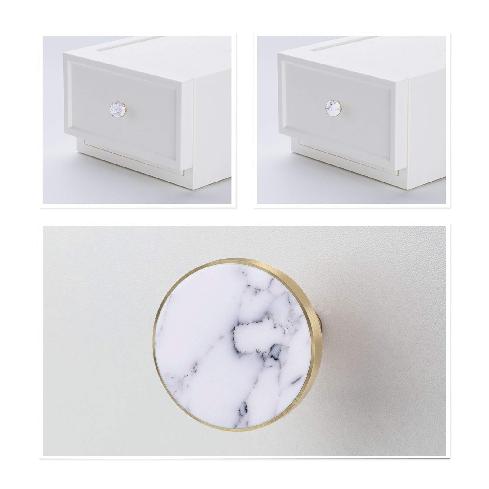 Amogeeli 2-Pack Round Flat Stone Brass Cabinet Knobs with Screws - Modern White Locker Pull Handles for Drawers, Cabinets & Furniture (Kitchen, Bathroom, Office)