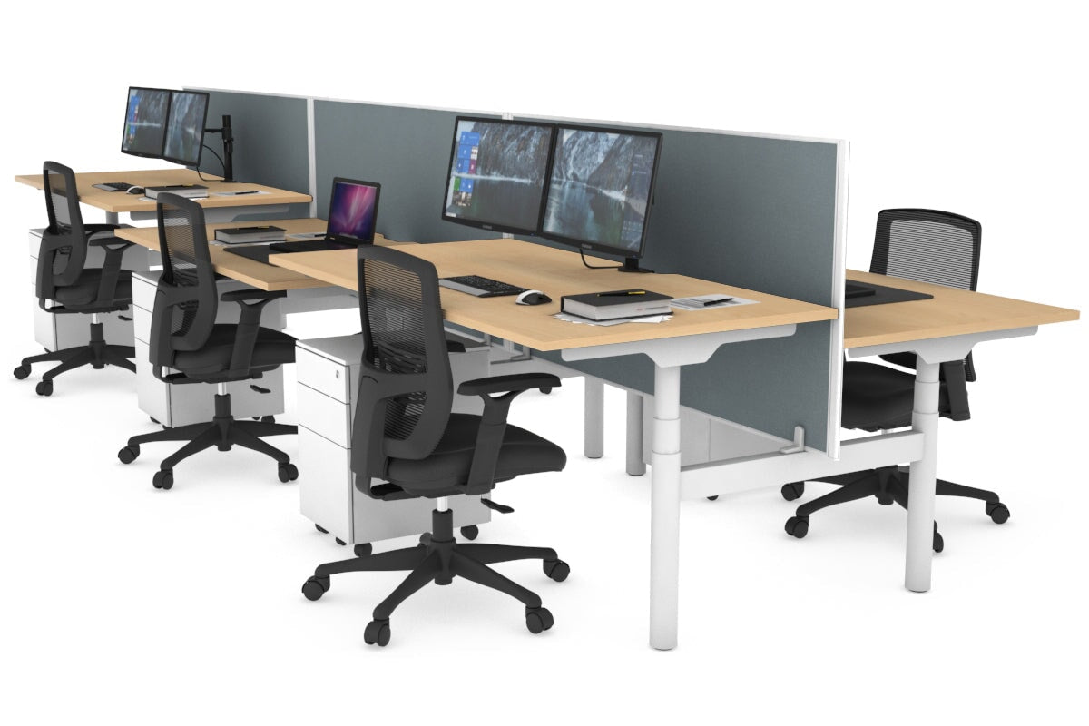 Flexi Premium Height Adjustable 6-Person H Bench Workstation - White Frame [1600L x 800W with Cable Management] - Ideal for Office, Coworking Spaces & Collaborative Work Environments