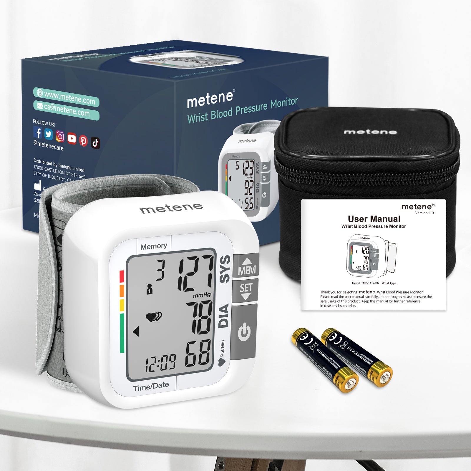 Metene Wrist Blood Pressure Monitor - Large LCD Display, 99 x 2 Memory, Portable Carrying Case - Accurate Home & Travel Use for Adults & Seniors - Perfect for Health Monitoring & Doctor Visits