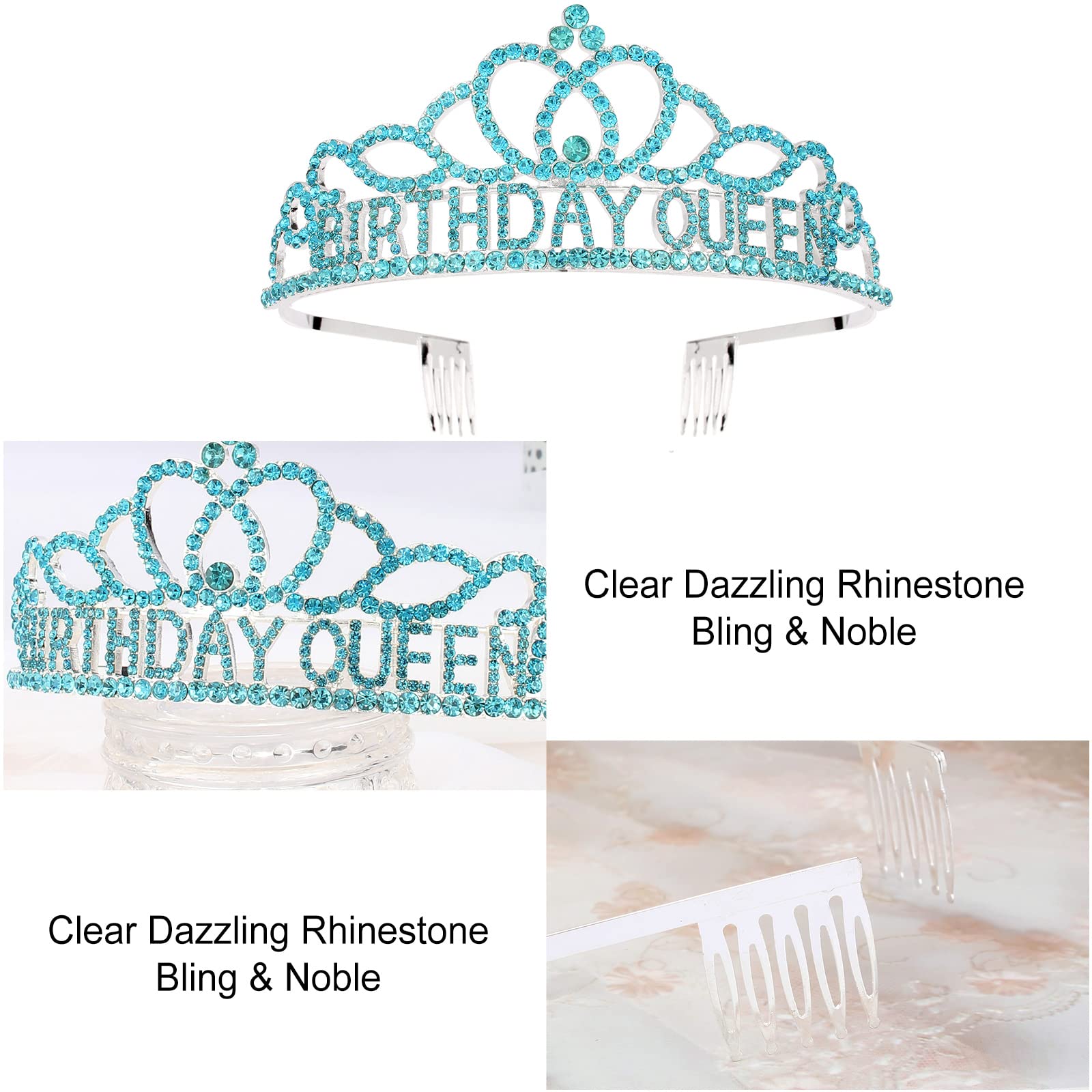 Blue Birthday Crown and Sash Set for Women - Elegant Queen Tiara & Sash for Birthday Party Decorations - Perfect for Birthday Celebrations, Bachelorette Parties & Special Events