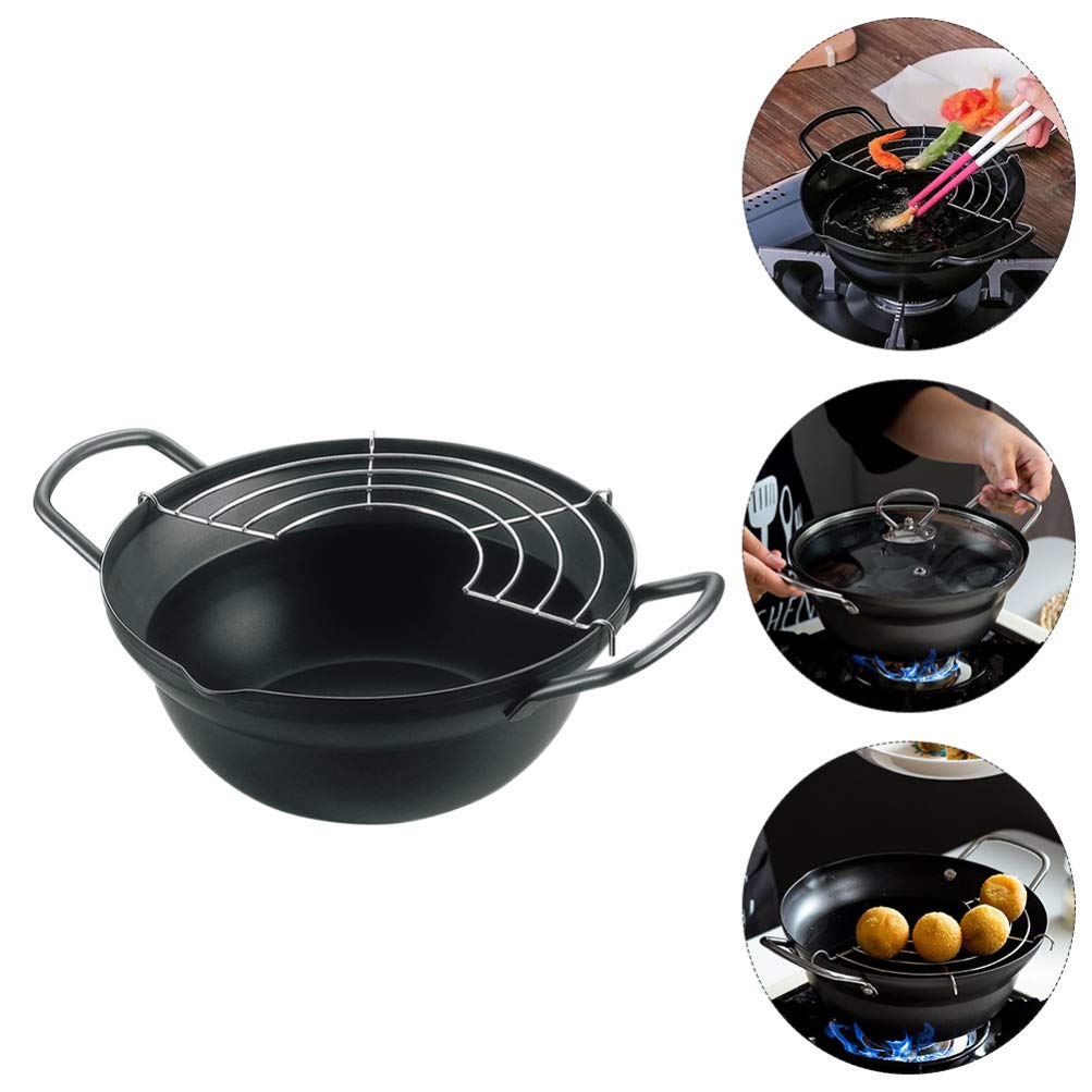 Carbon Steel Deep Fryer Pan with Drainer Rack - Portable Tempura Frying Pot for Home & Restaurant Use - Perfect for Fried Chicken, Donuts & Vegetables