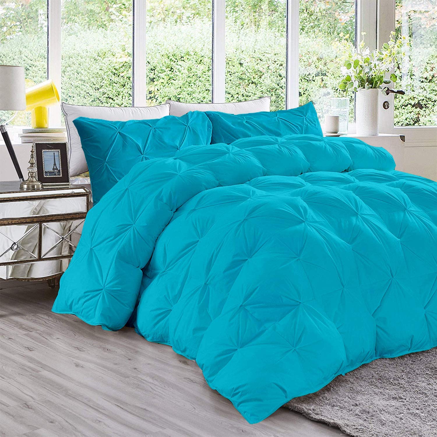 600 GSM All-Season 3-Piece Quilted Pinch Pleated Comforter Set - 100% Cotton Fluffy Duvet Insert with 2 Pillowcases (Full/Queen, Turquoise Blue) | Ultra Soft Bedding for Cozy Winter Nights & Breathable Summer Comfort