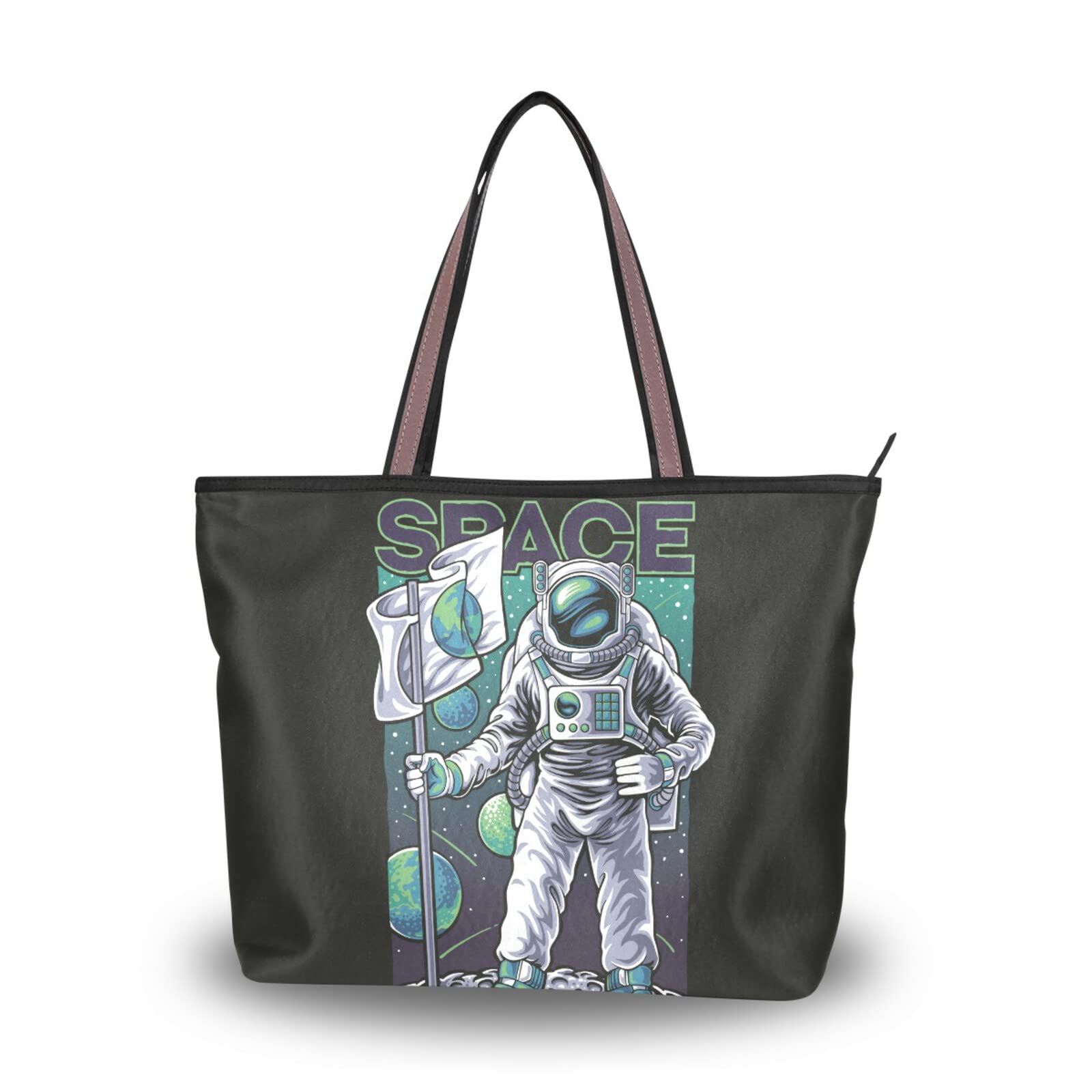 Aesthetic Space Landing Tote Bag for Women - Large Capacity Zipper Grocery Bag, Durable Purse for Daily Use (2 Sizes) | Perfect for Shopping, Work, Travel & Beach Outings
