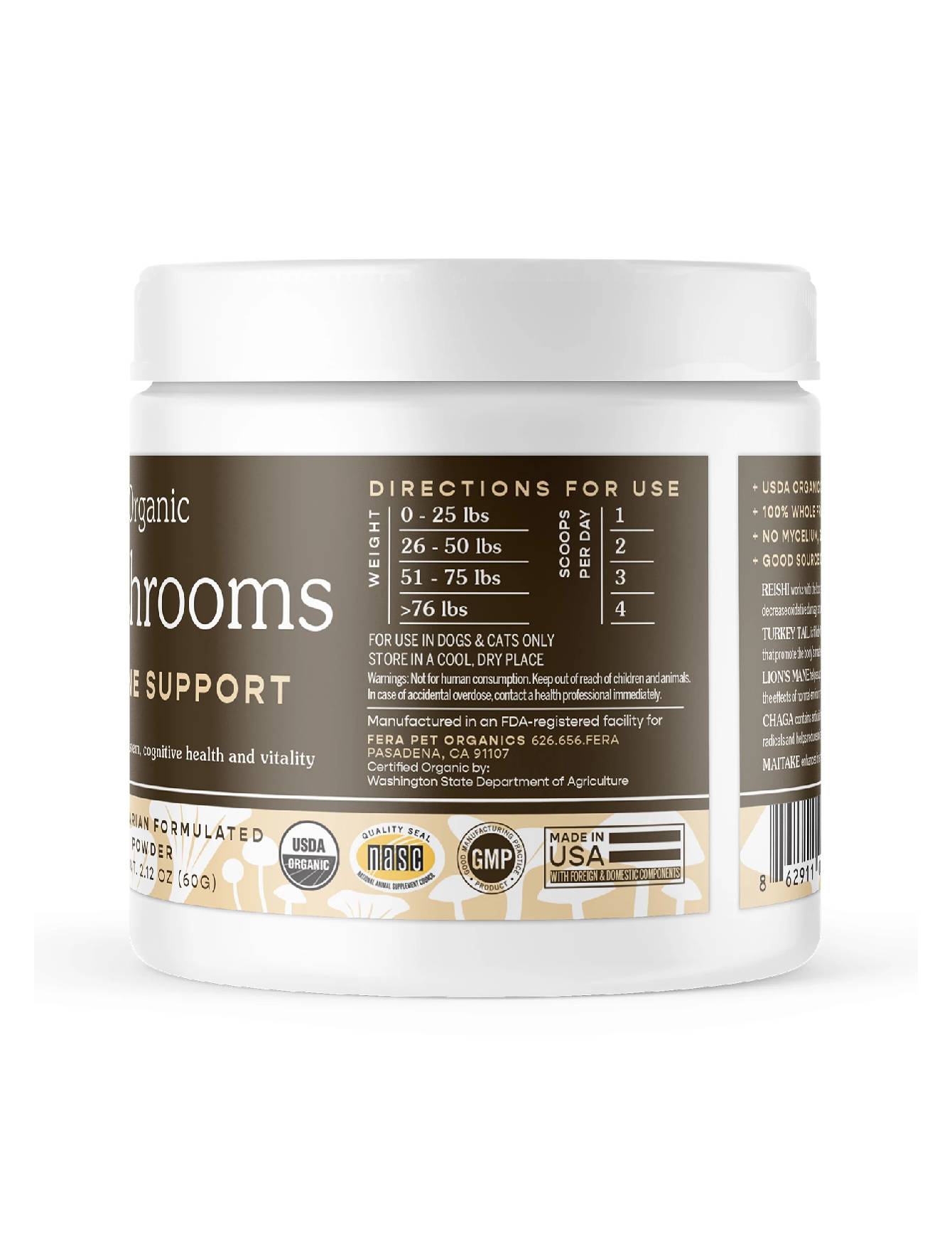 Fera Pet Organics Organic Mushroom Blend Powder for Dogs & Cats - Immune System Support Supplement (120 Servings) | Supports Joint Health & Vitality for Active Pets
