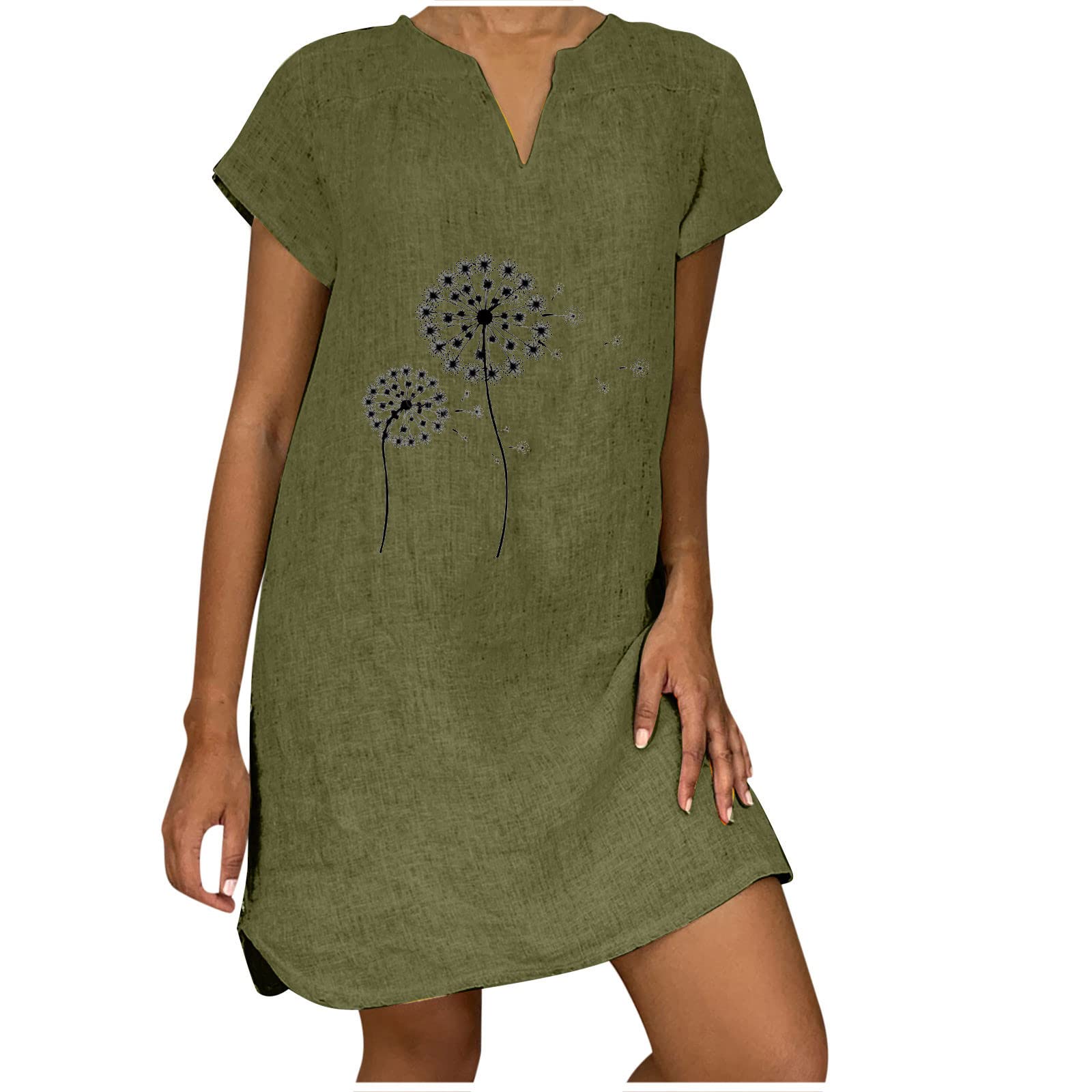 Women's Summer Linen Shirt Dress - Sexy Casual Short Sleeve V-Neck Mini Dress with Trendy Floral Print, Loose Fit Tunic Top | Perfect for Beach Outings, Date Nights & Summer Vacations