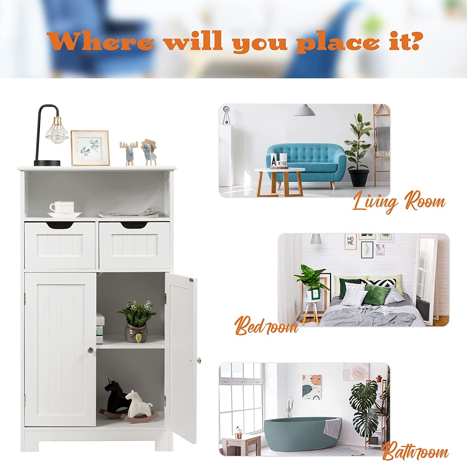 Rainfally Bathroom Storage Cabinet with Open Shelf, 2 Doors & Adjustable Drawers - White Standing Cupboard for Kitchen, Bathroom, Bedroom & Office - Perfect for Organizing Towels, Toiletries & Cleaning Supplies